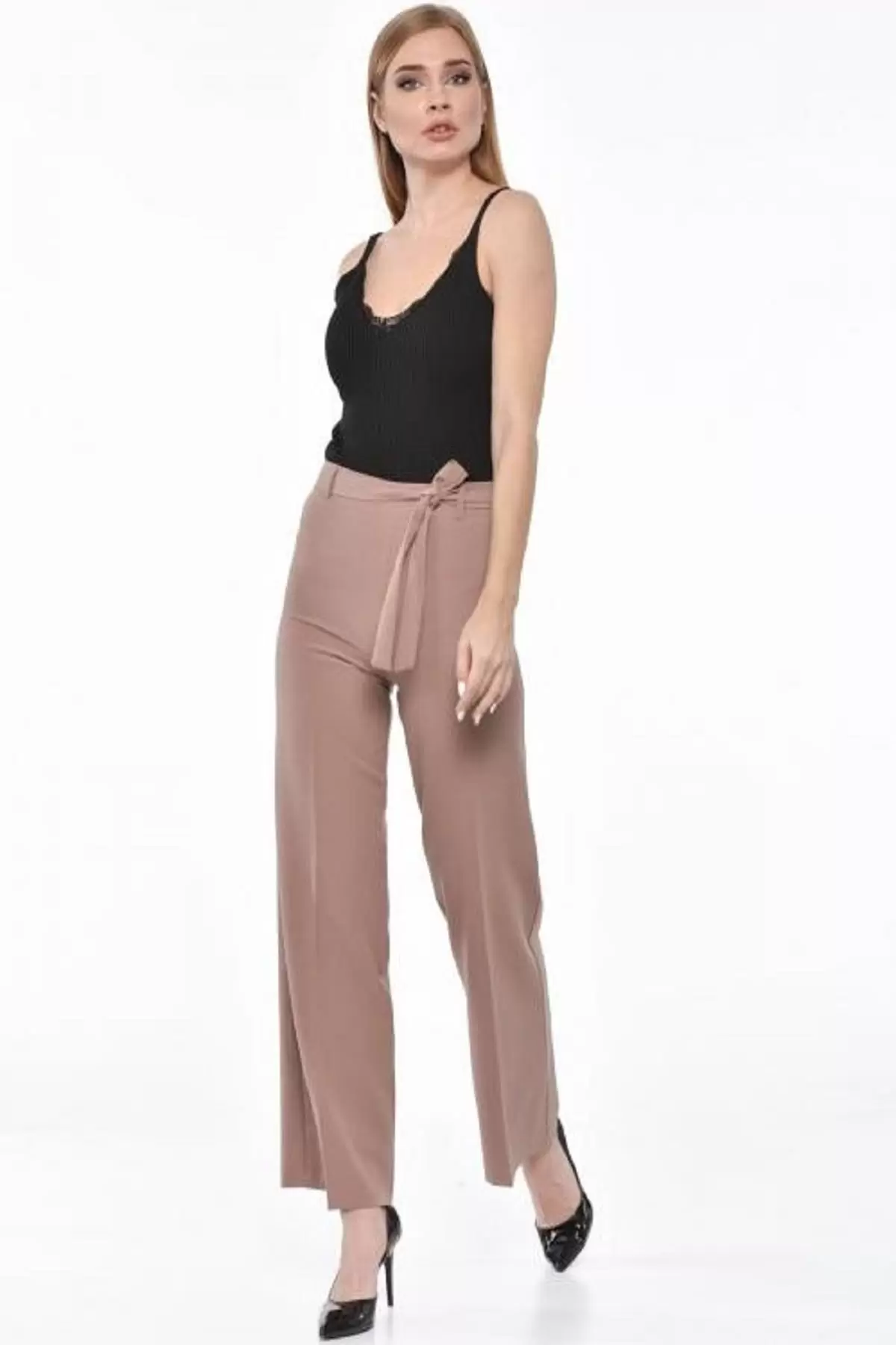 Kuşaklı Bol Paça Kahve Kadın Pantolon