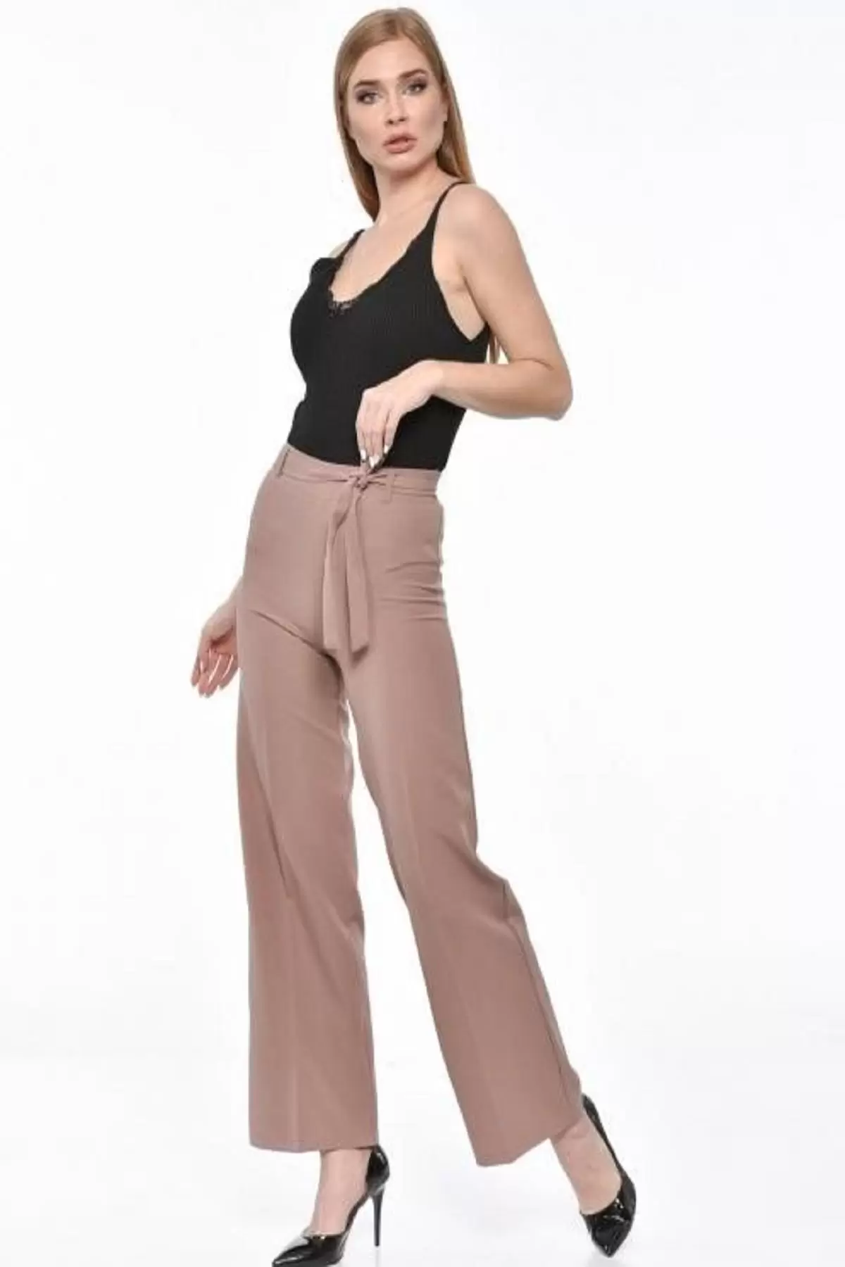 Kuşaklı Bol Paça Kahve Kadın Pantolon