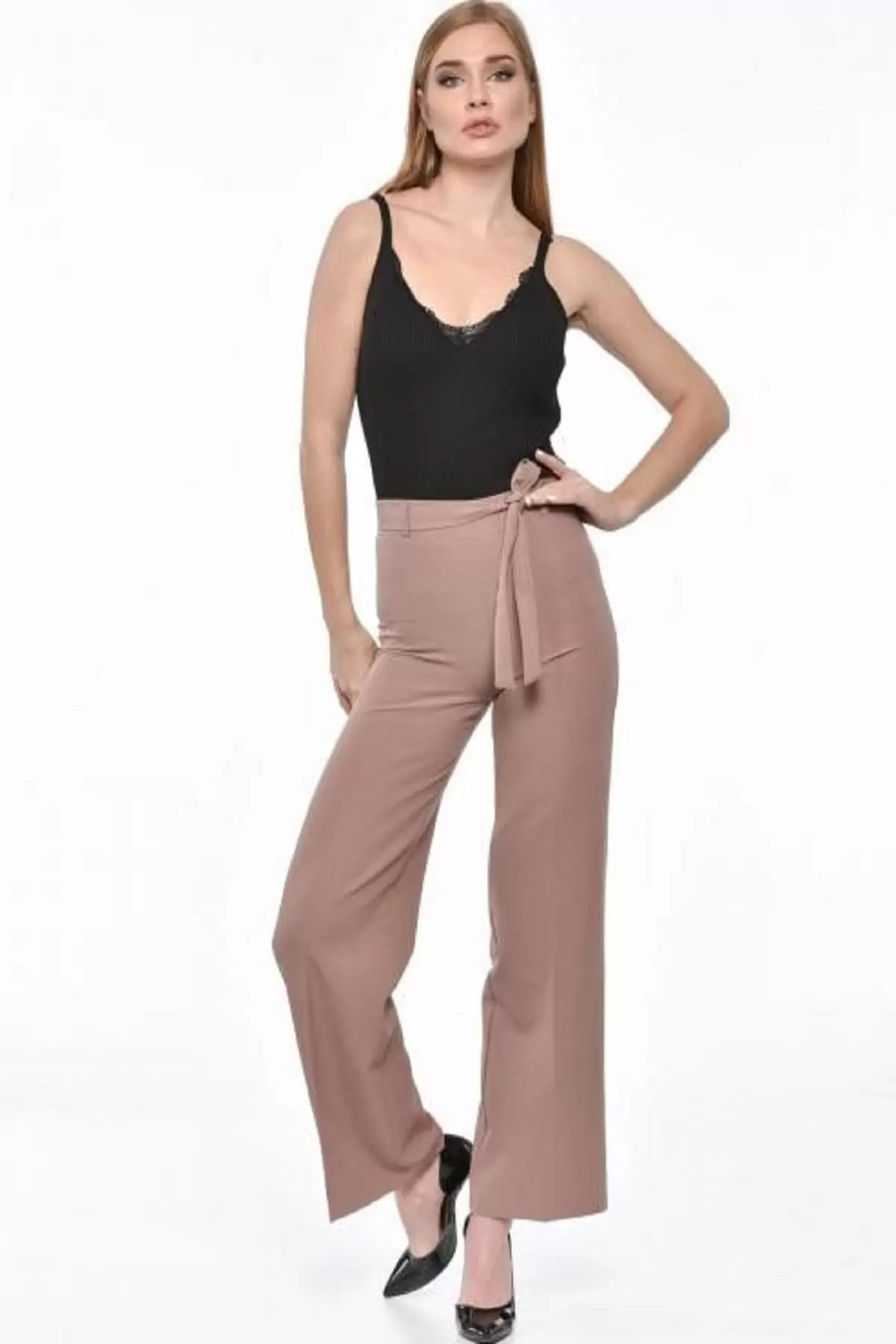 Kuşaklı Bol Paça Kahve Kadın Pantolon