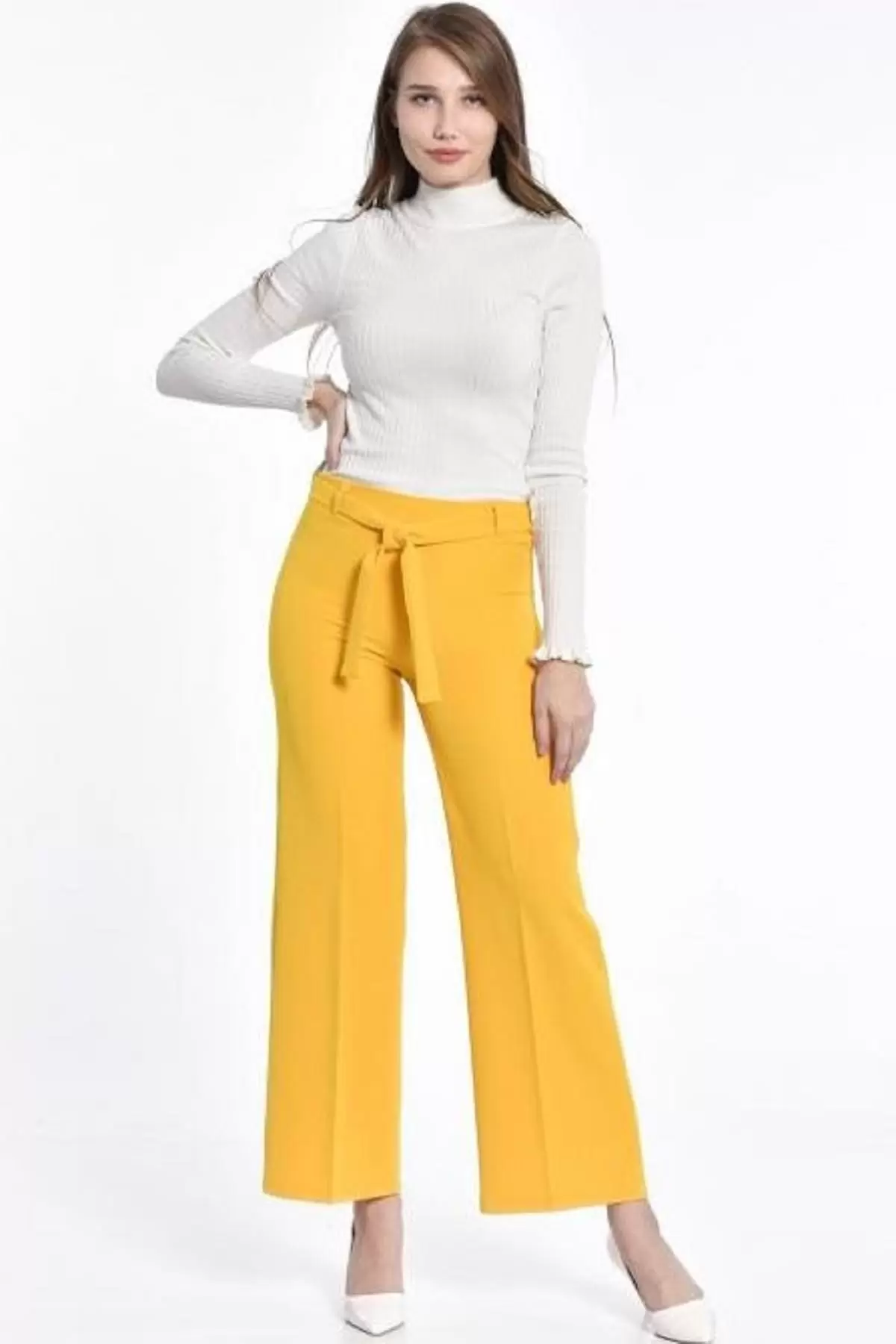 Kuşaklı Bol Paça Sarı Kadın Pantolon