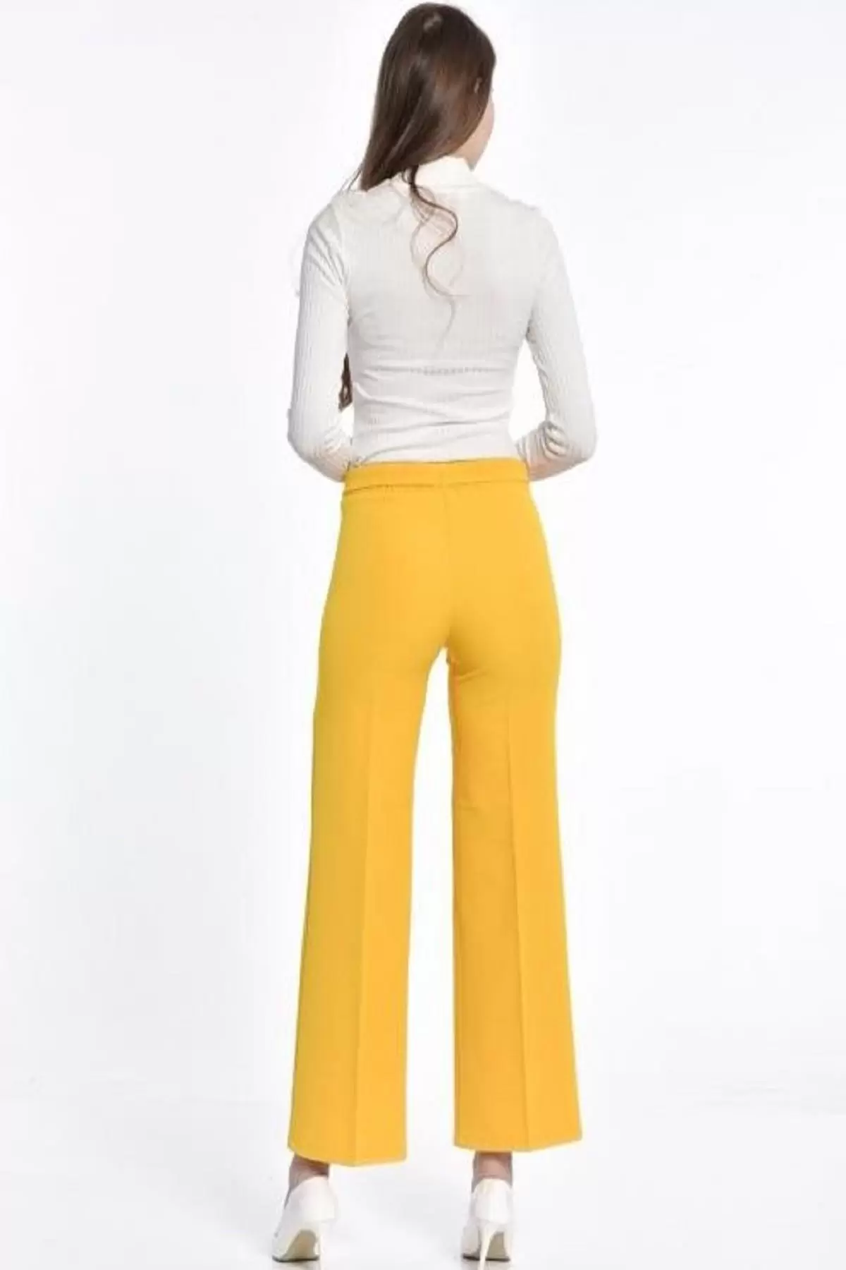 Kuşaklı Bol Paça Sarı Kadın Pantolon