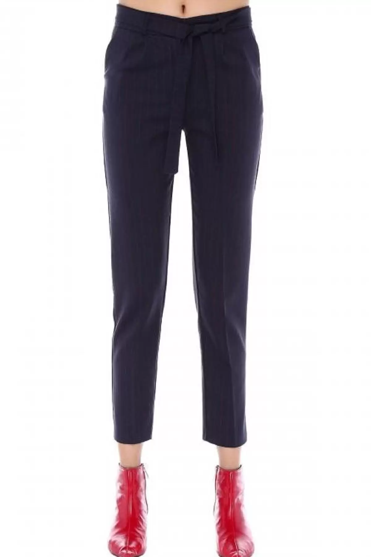 Kuşaklı Bordo Çizgili Füme Bilek Kadın Pantolon