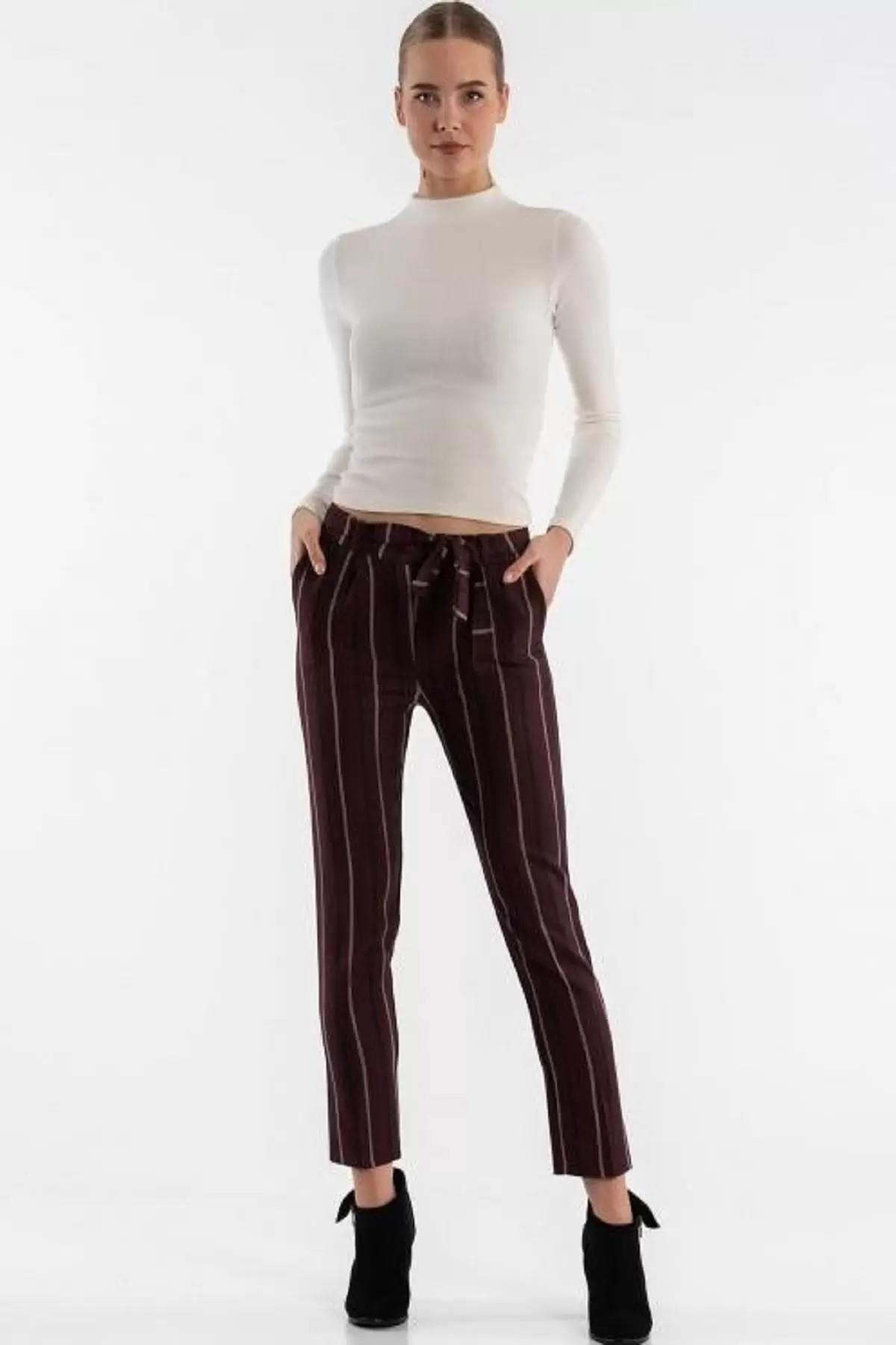Kuşaklı Çizgili Gül Kurusu Bilek Kadın Pantolon