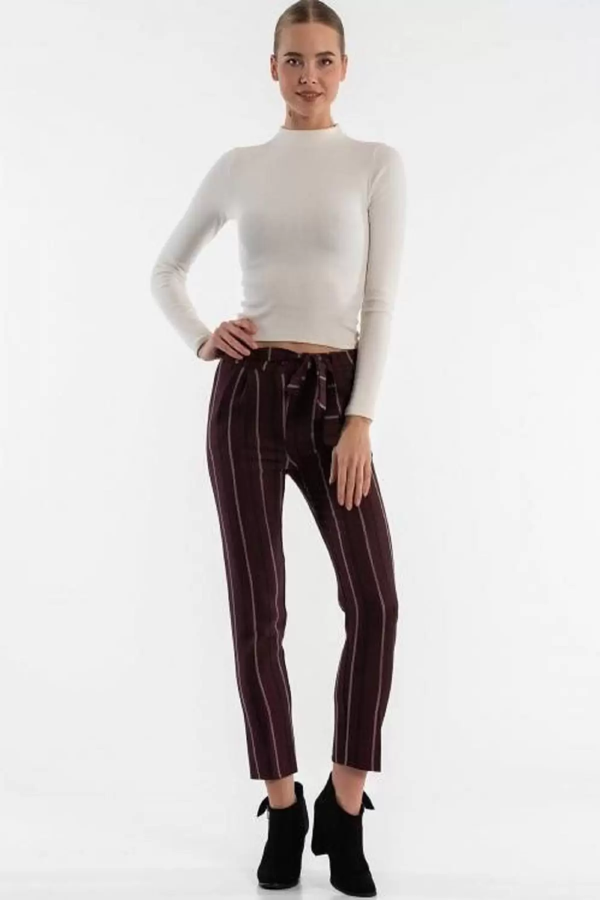 Kuşaklı Çizgili Gül Kurusu Bilek Kadın Pantolon