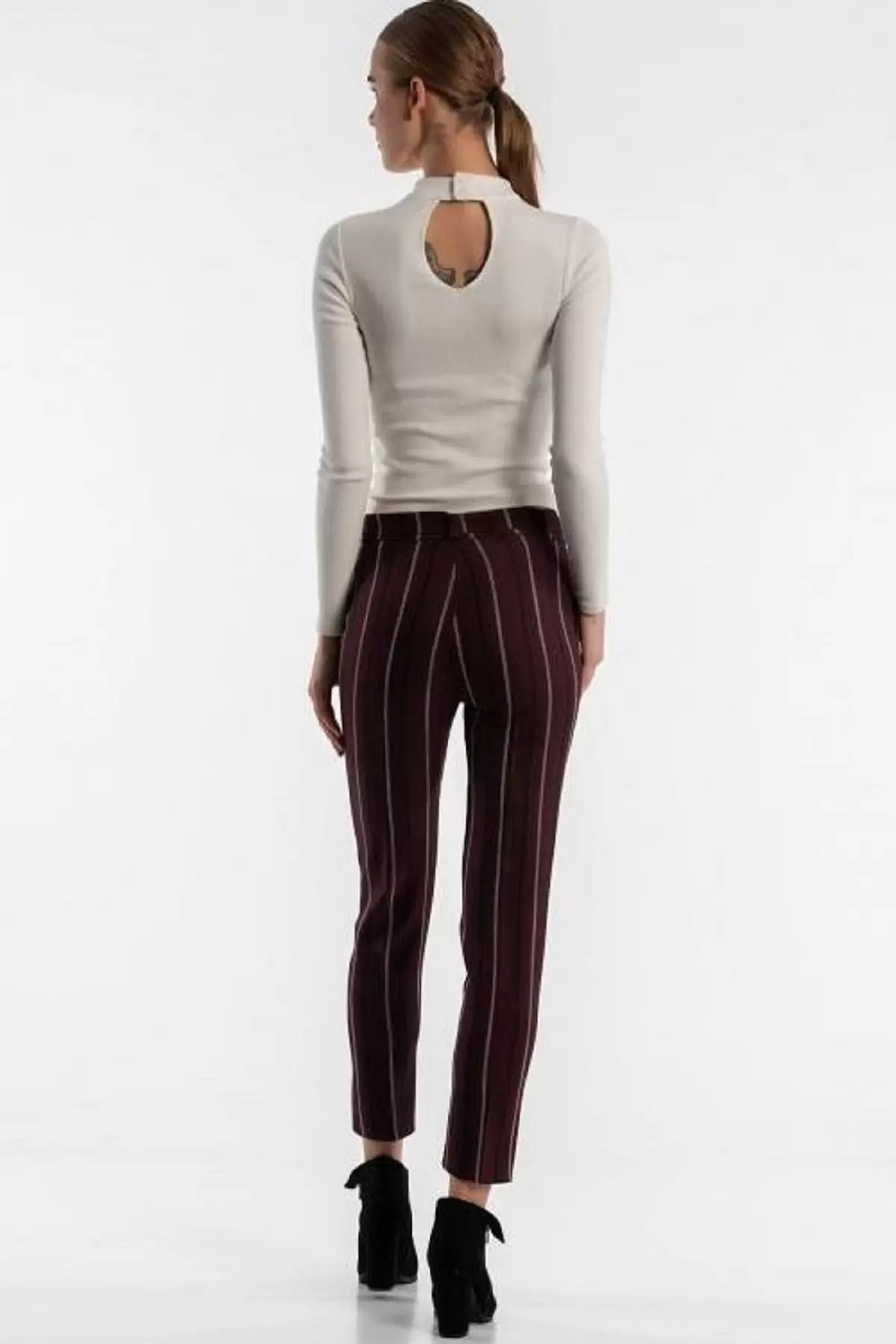 Kuşaklı Çizgili Gül Kurusu Bilek Kadın Pantolon