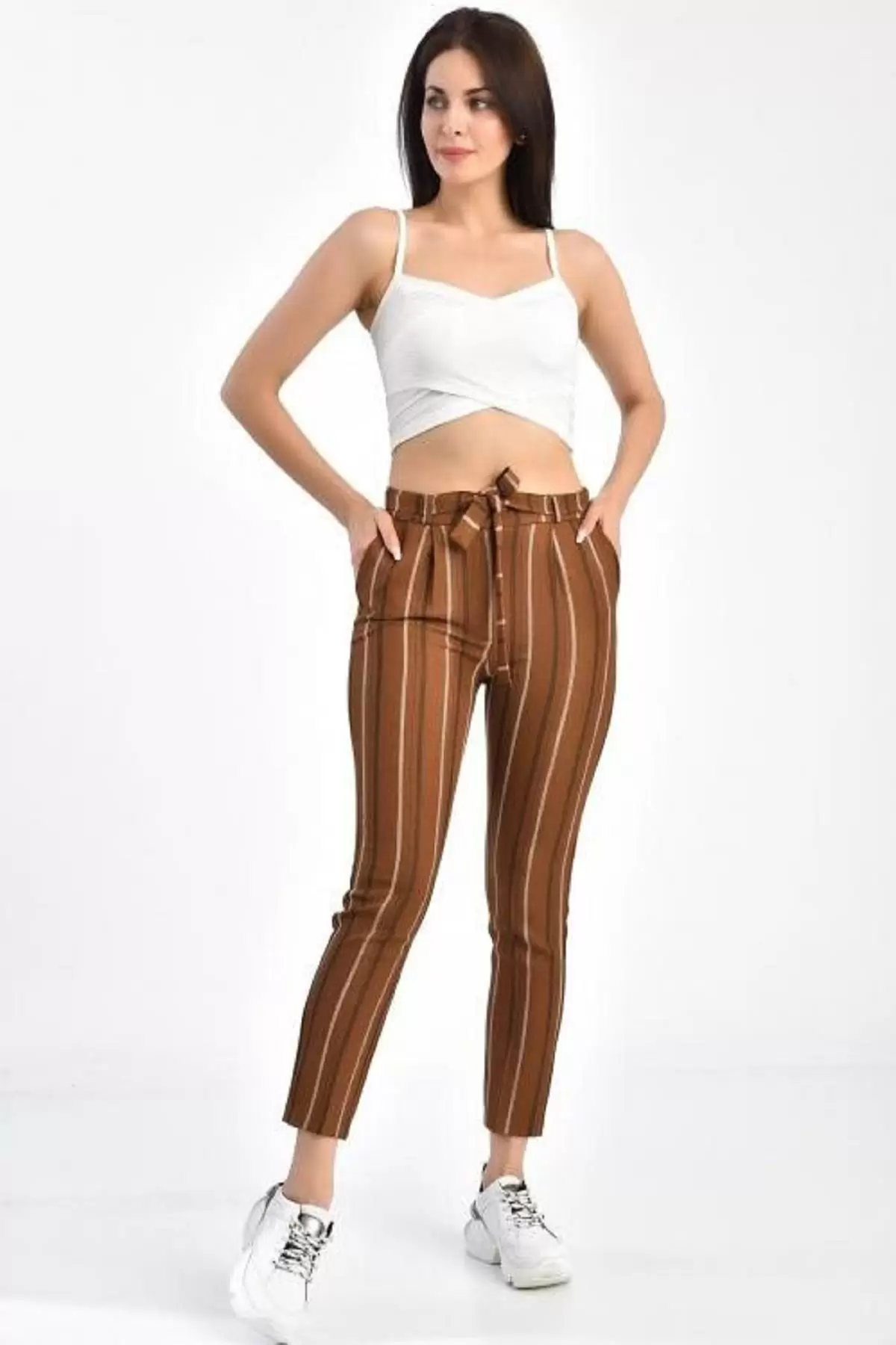 Kuşaklı Kiremit Çizgili Bilek Kadın Pantolon
