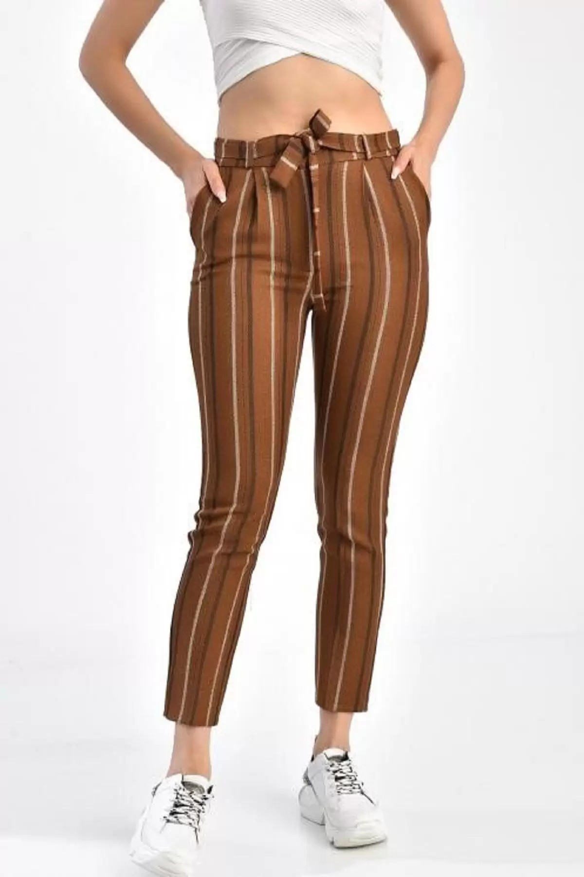 Kuşaklı Kiremit Çizgili Bilek Kadın Pantolon
