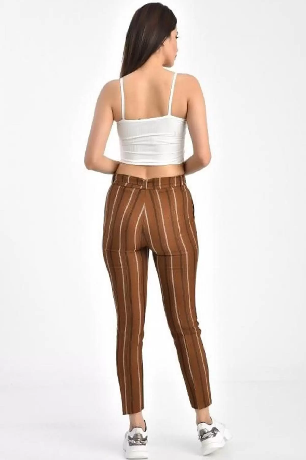 Kuşaklı Kiremit Çizgili Bilek Kadın Pantolon