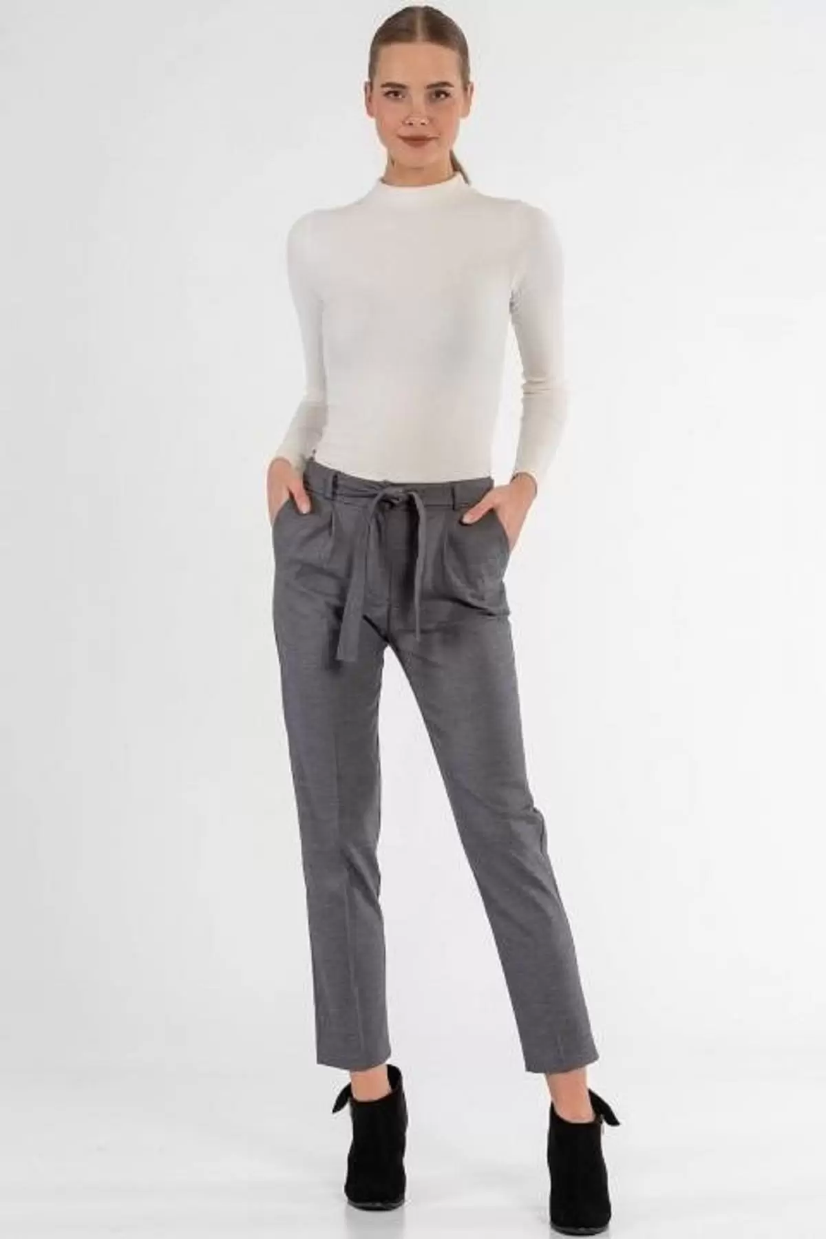 Kuşaklı Kuş Gözü Gri Bilek Kadın Pantolon
