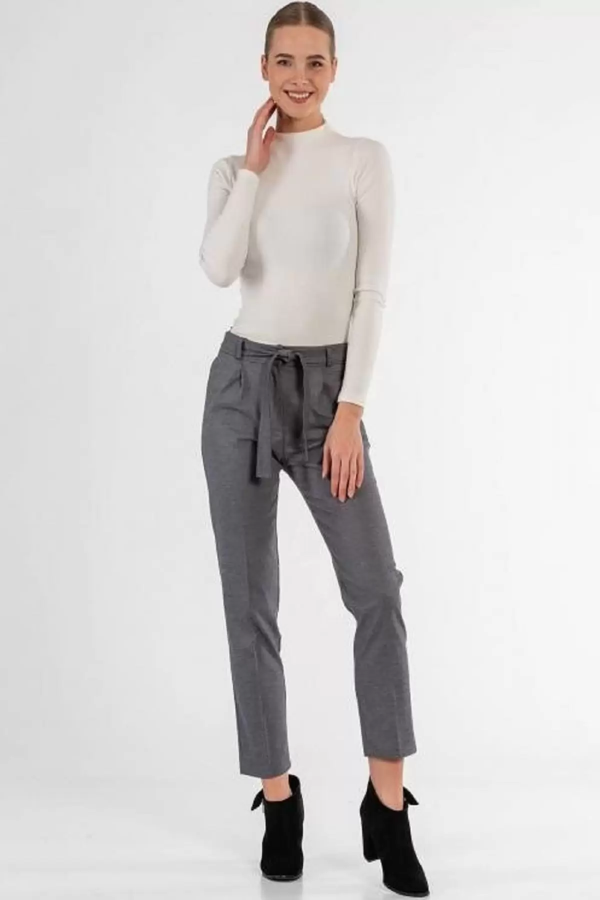 Kuşaklı Kuş Gözü Gri Bilek Kadın Pantolon