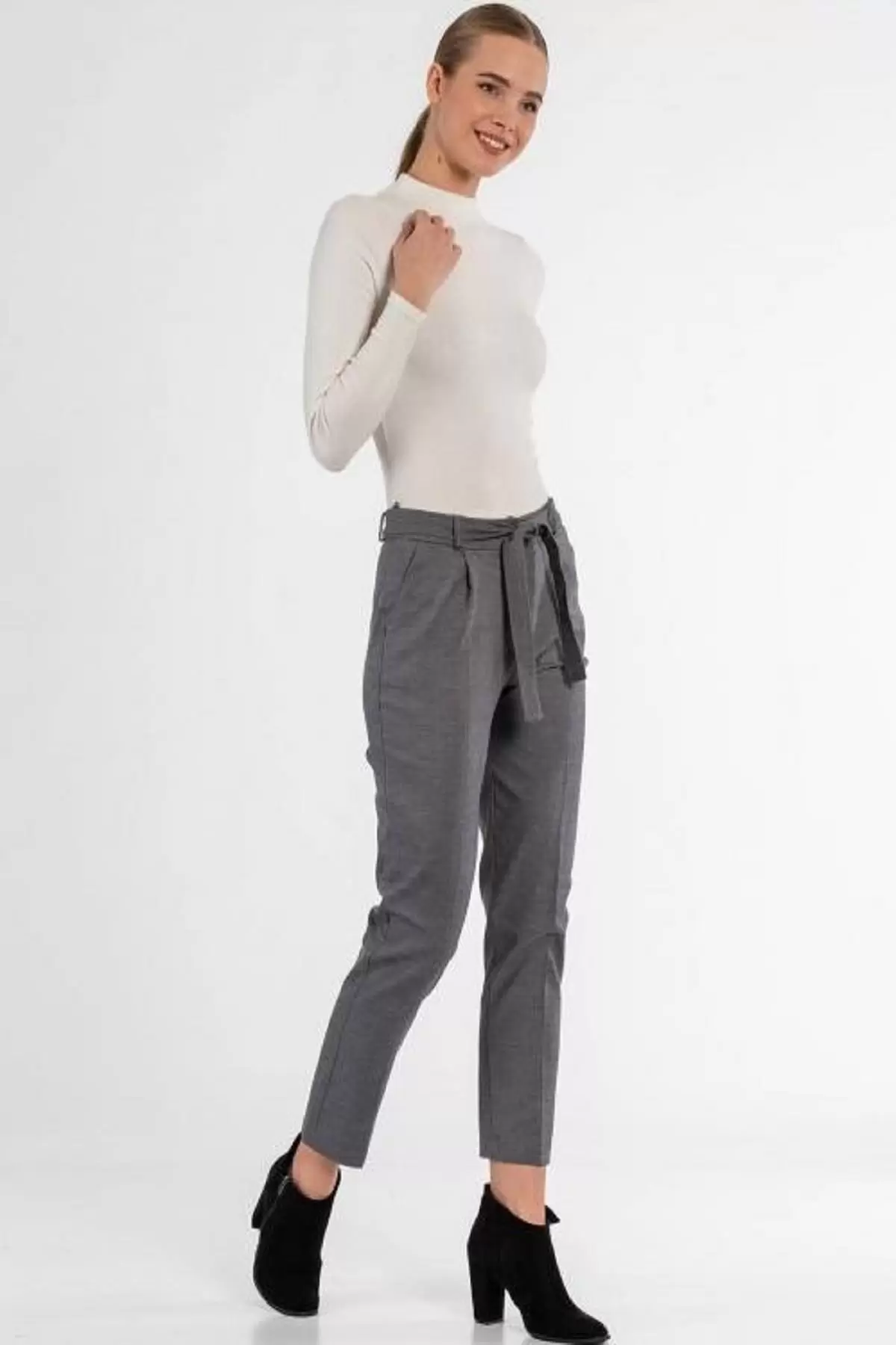 Kuşaklı Kuş Gözü Gri Bilek Kadın Pantolon