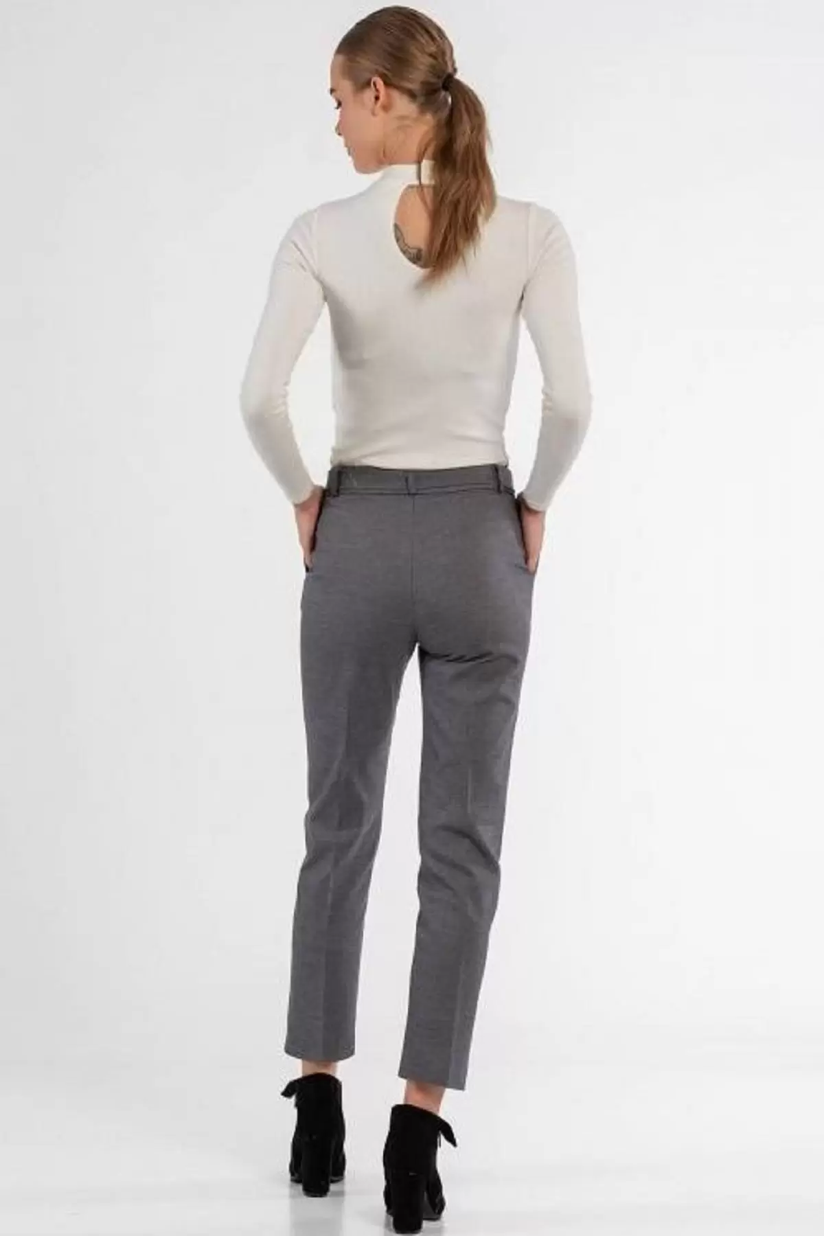 Kuşaklı Kuş Gözü Gri Bilek Kadın Pantolon