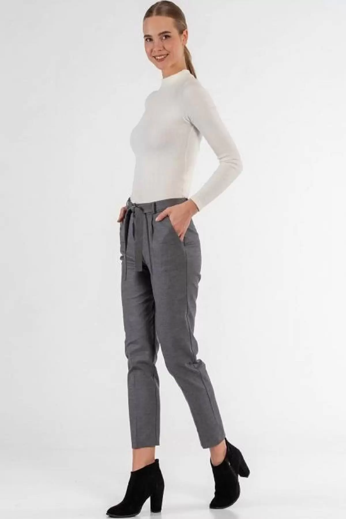 Kuşaklı Kuş Gözü Gri Bilek Kadın Pantolon
