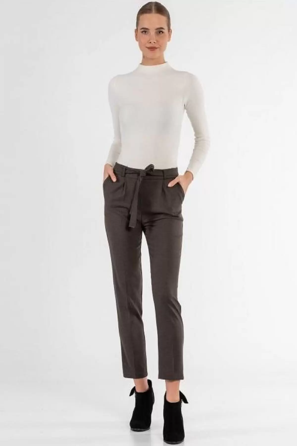 Kuşaklı Kuş Gözü Kahve Bilek Kadın Pantolon