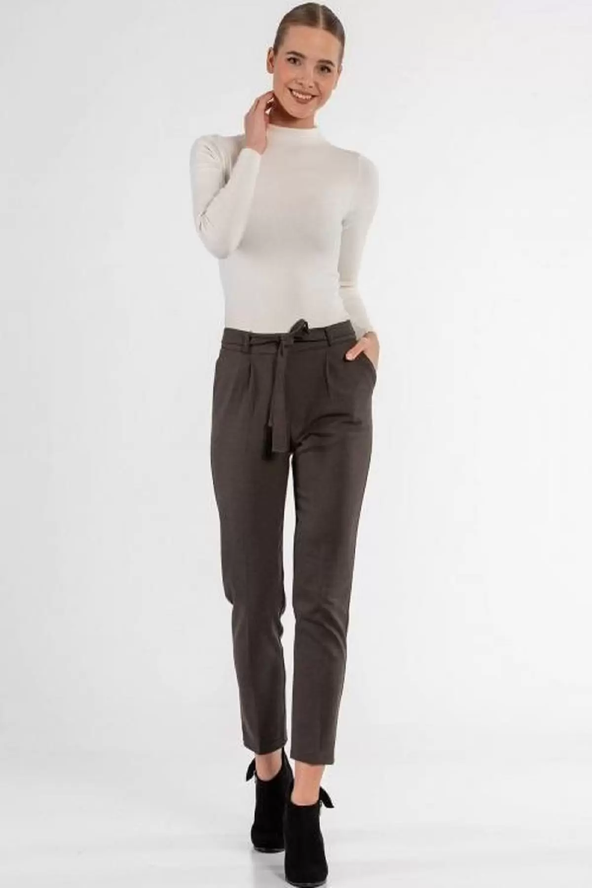 Kuşaklı Kuş Gözü Kahve Bilek Kadın Pantolon