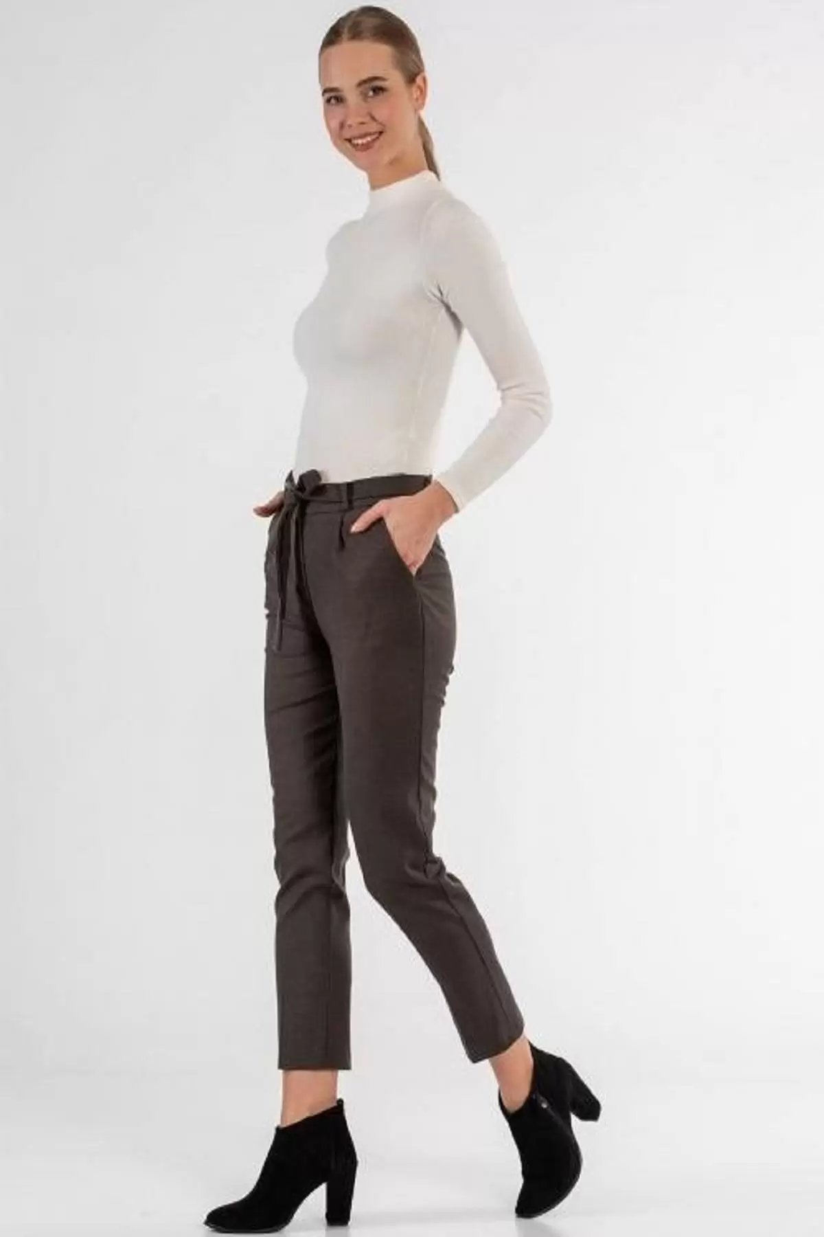 Kuşaklı Kuş Gözü Kahve Bilek Kadın Pantolon