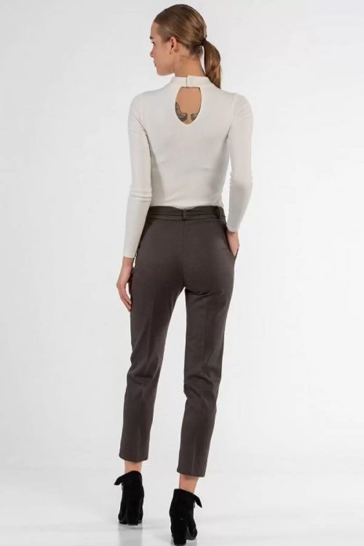 Kuşaklı Kuş Gözü Kahve Bilek Kadın Pantolon