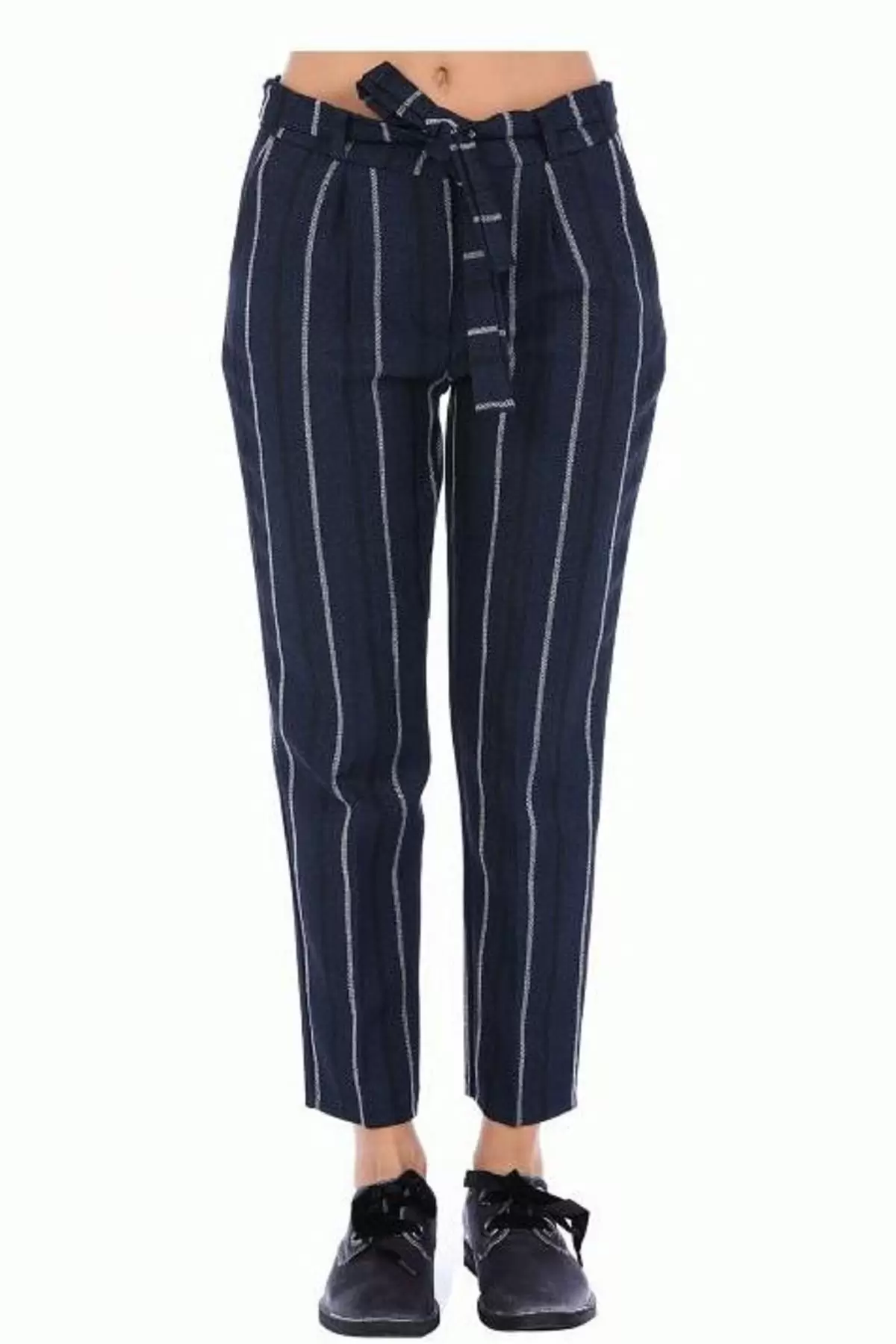 Kuşaklı Lacivert Çizgili Bilek Kadın Pantolon