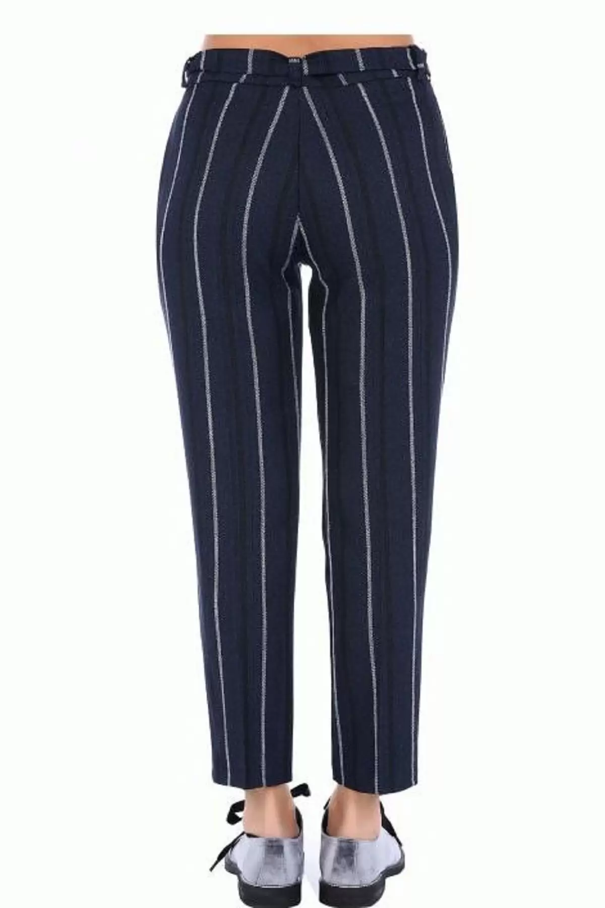 Kuşaklı Lacivert Çizgili Bilek Kadın Pantolon