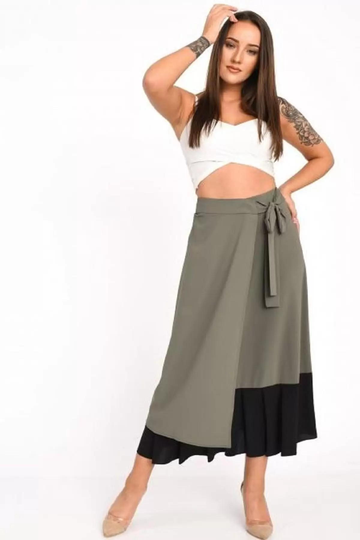 Kuşaklı ve Önden Kapaklı Haki Kadın Etek