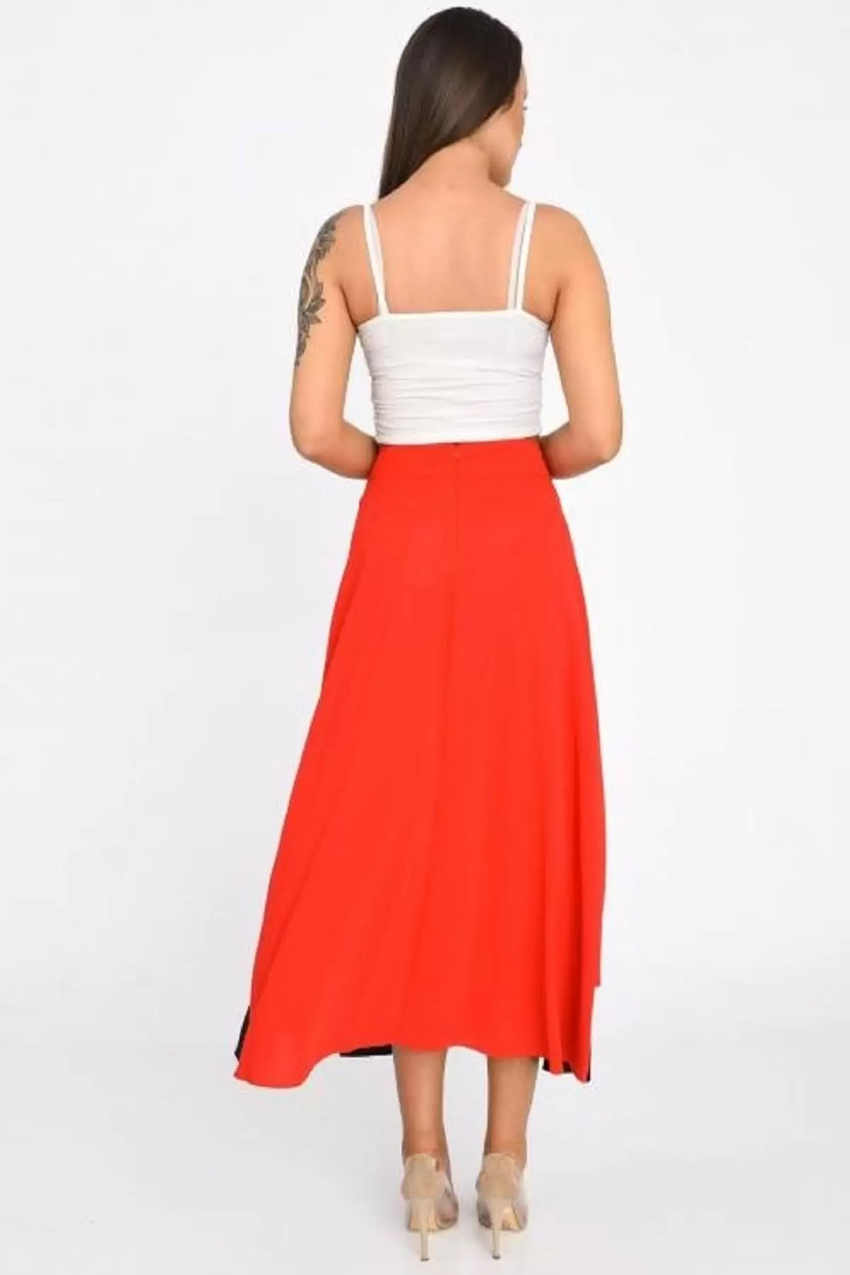 Kuşaklı ve Önden Kapaklı Kırmızı Kadın Etek