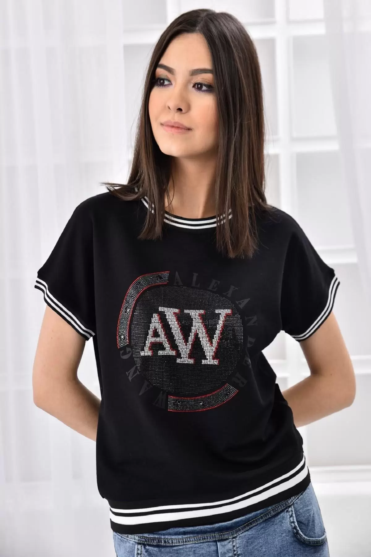 Mavi Kotlu ve Bisiklet Yaka Taş Dizinli Baskılı Kadın Eşofman Takım