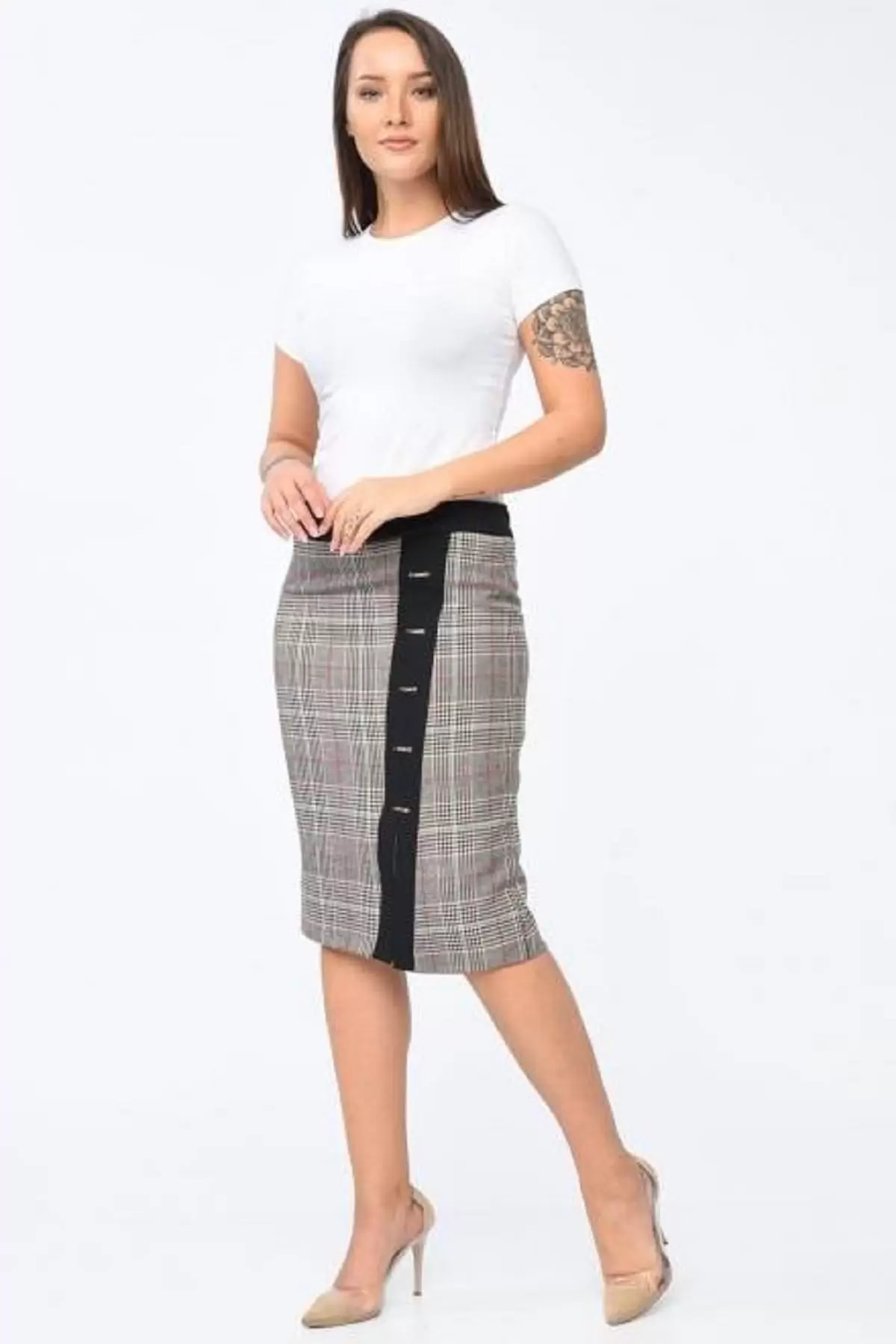 Önden Şeritli Gri Ekose Kadın Etek