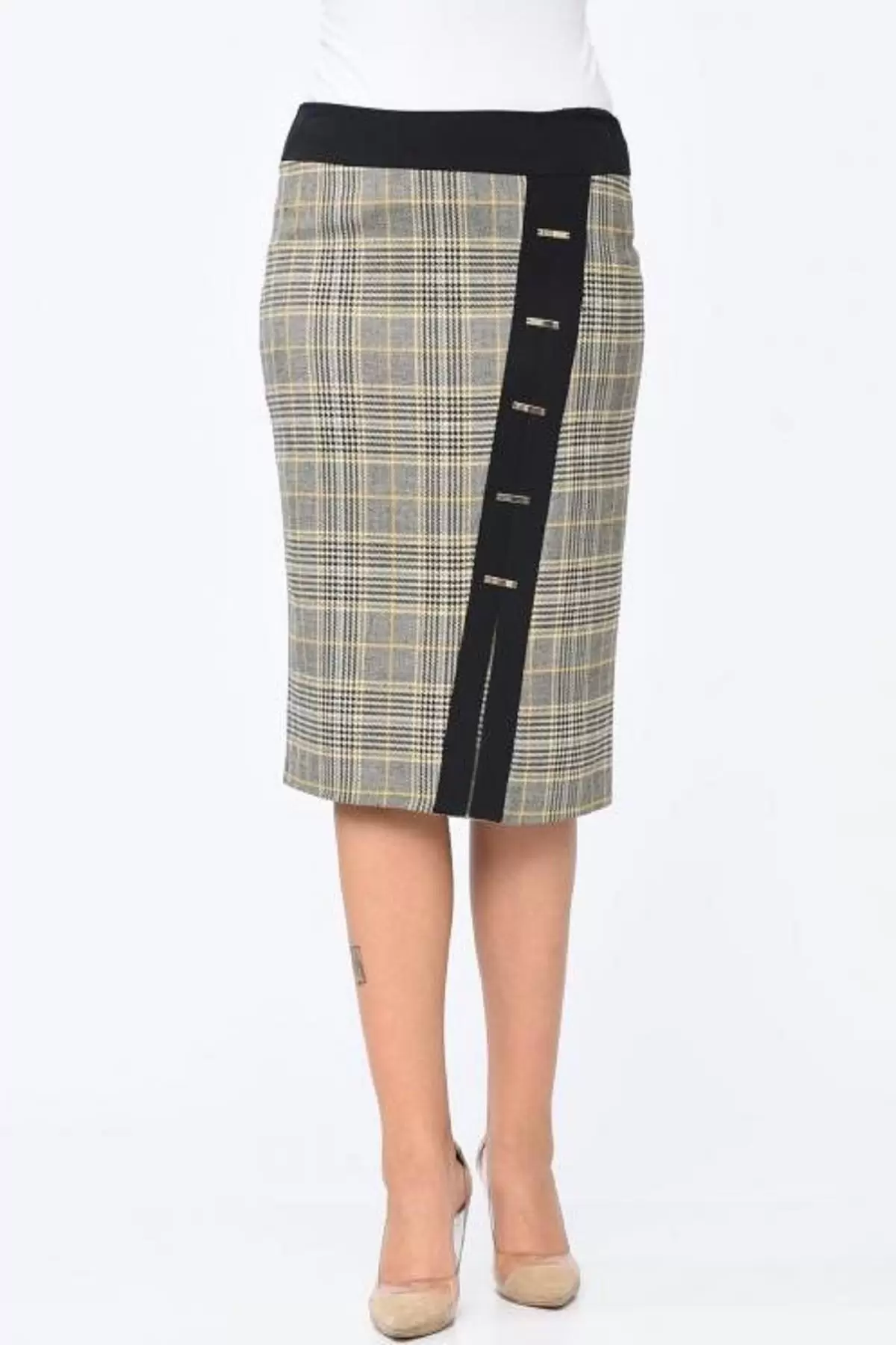 Önden Şeritli Haki Ekose Kadın Etek