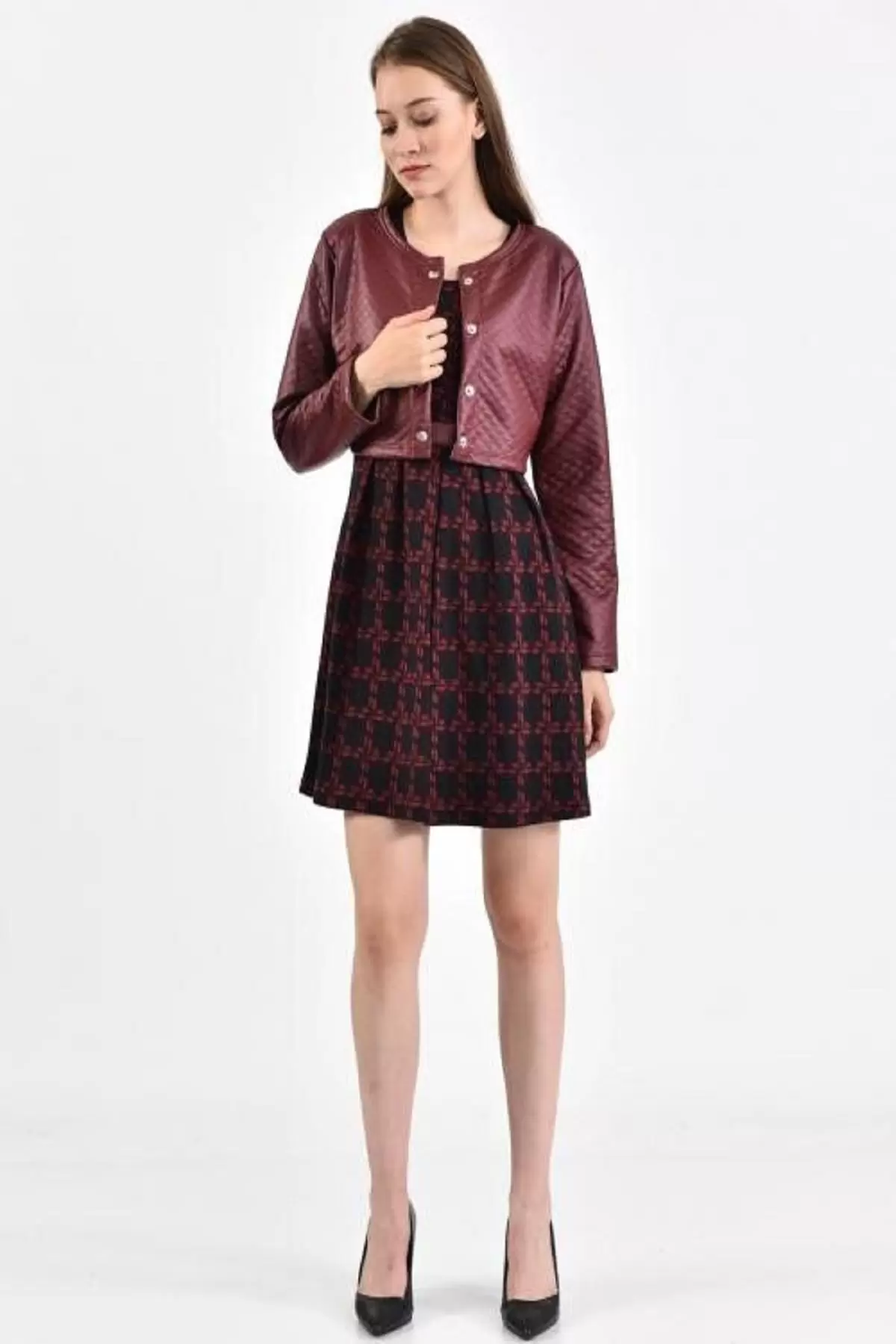 Önü Çıtçıtlı Deri Ceketli Siyah Desenli Bordo Kadın Elbise