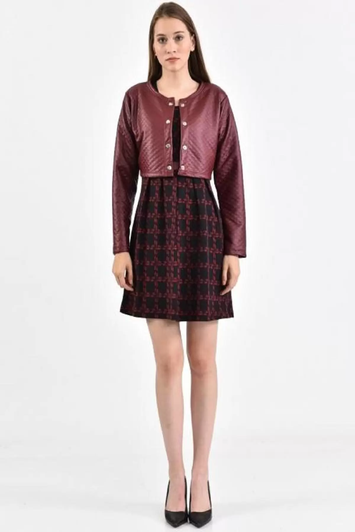 Önü Çıtçıtlı Deri Ceketli Siyah Desenli Bordo Kadın Elbise