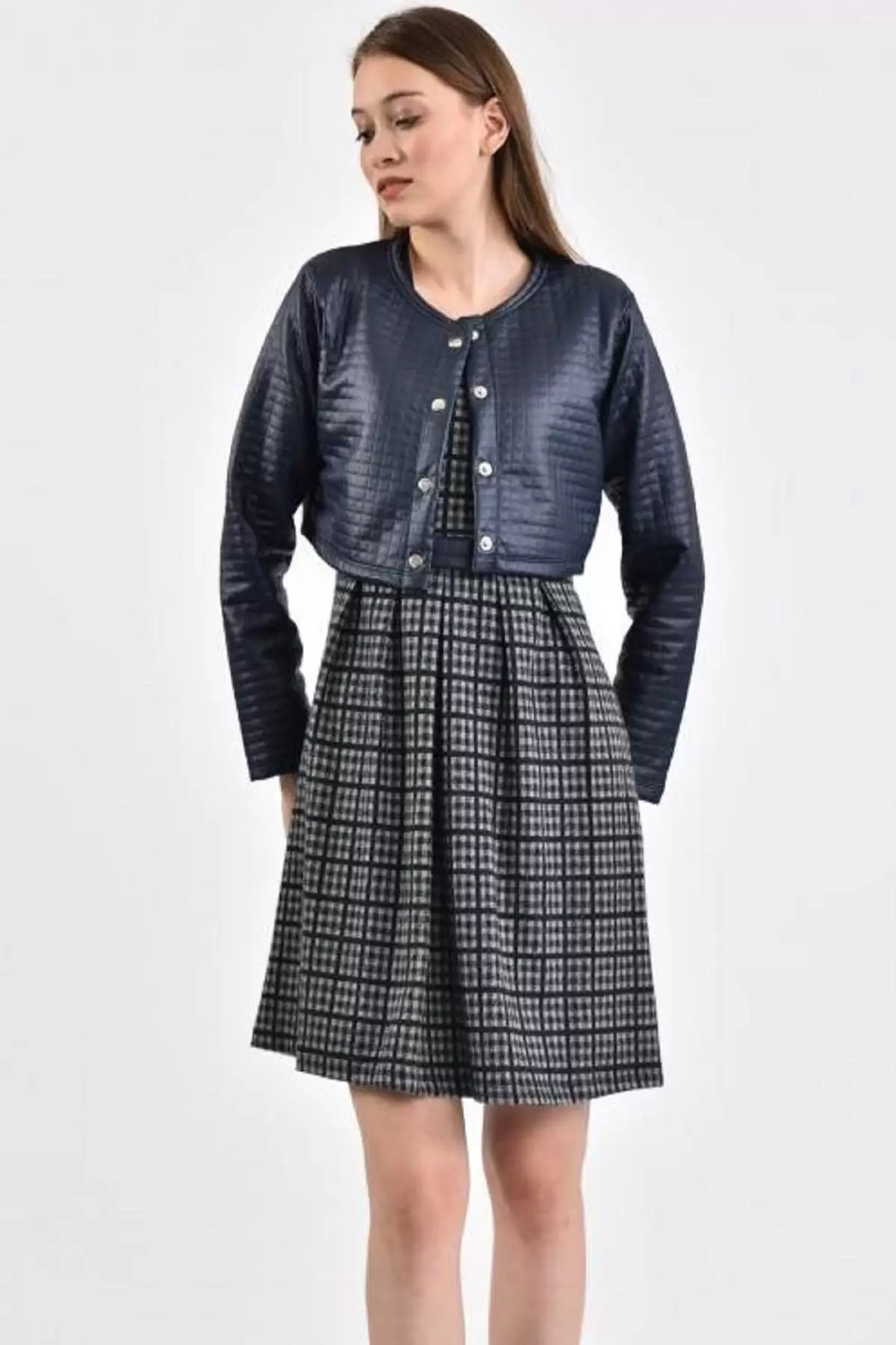 Önü Çıtçıtlı Deri Ceketli Siyah Desenli Füme Kadın Elbise