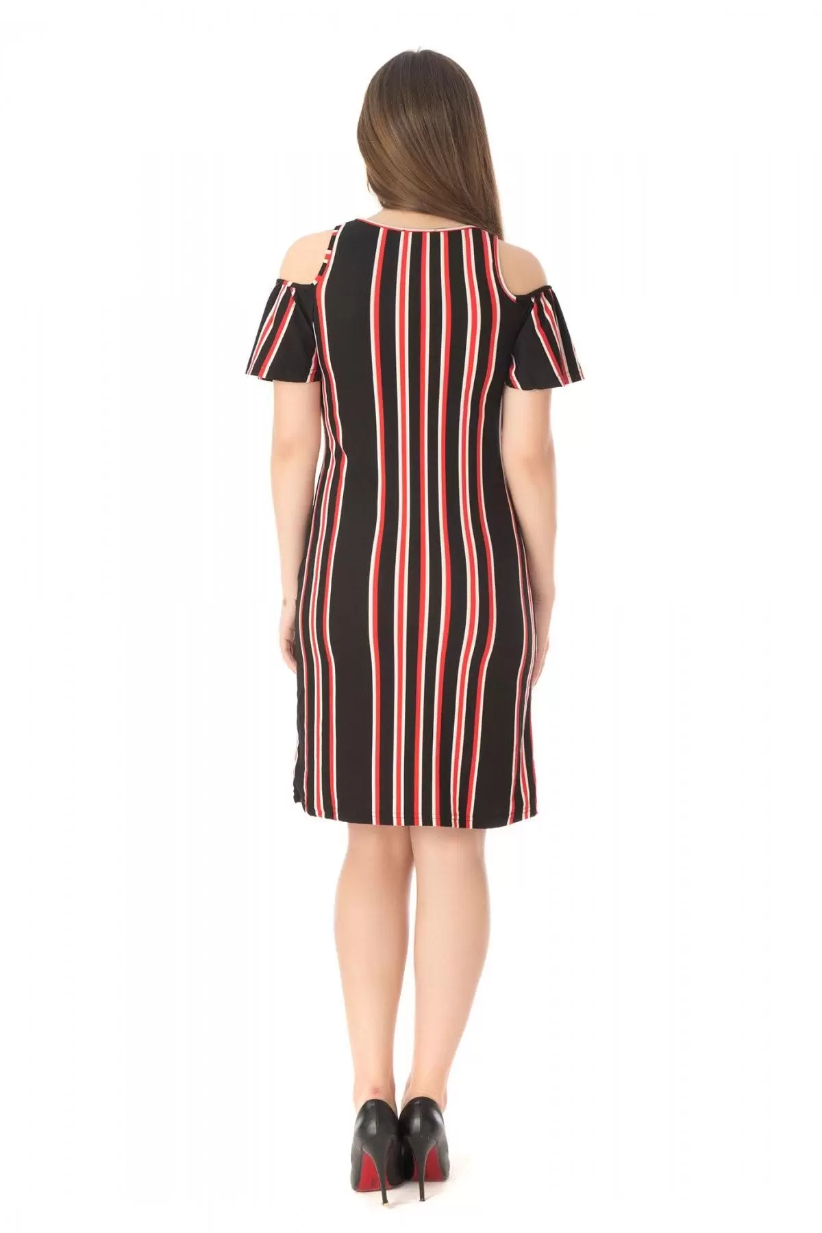 Pencere Kloş Kol Çizgili Viskon Siyah Kadın Elbise