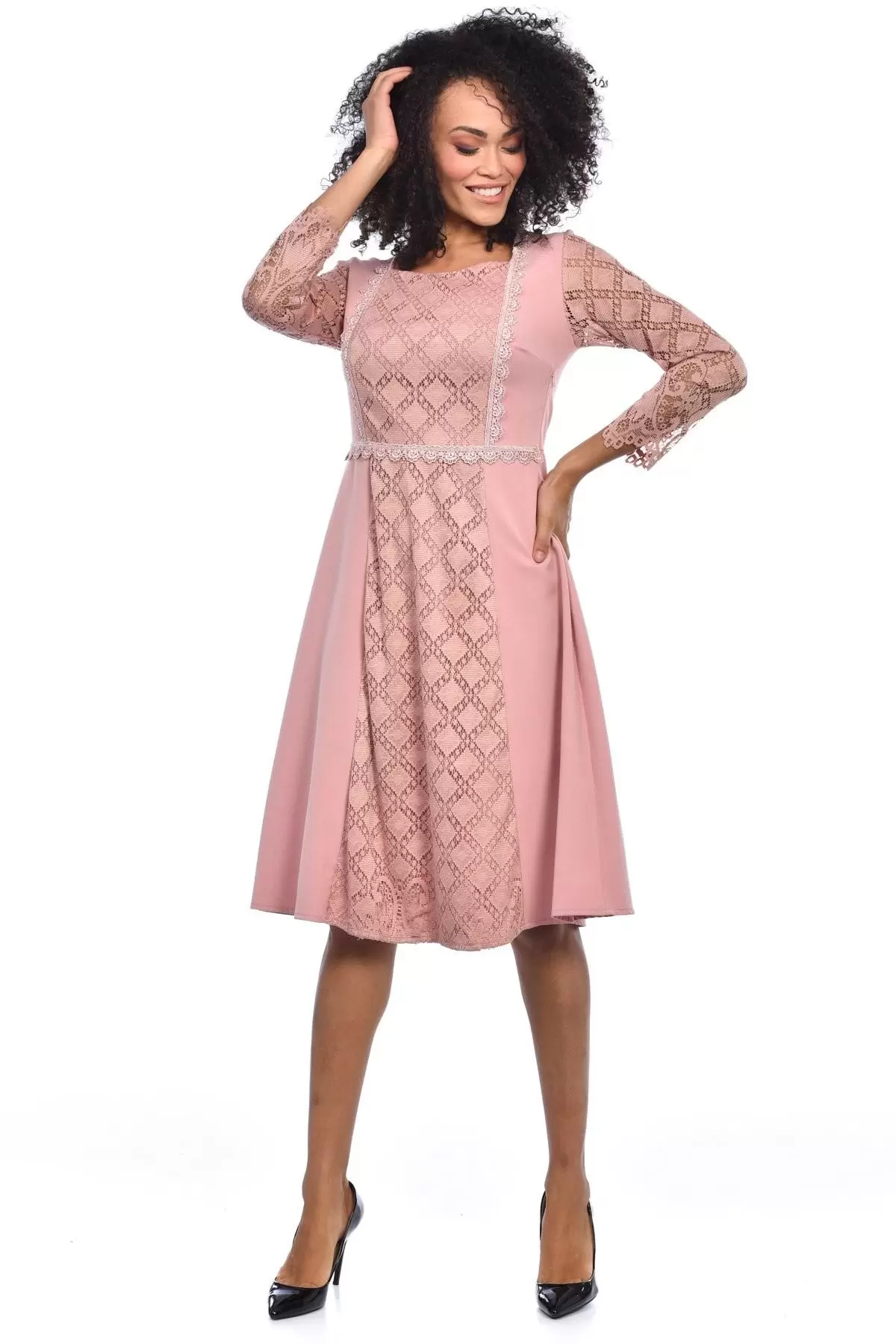 Pencere Yaka Astarlı Uzun Kollu Dantel ve Güpürlü Somon Elbise