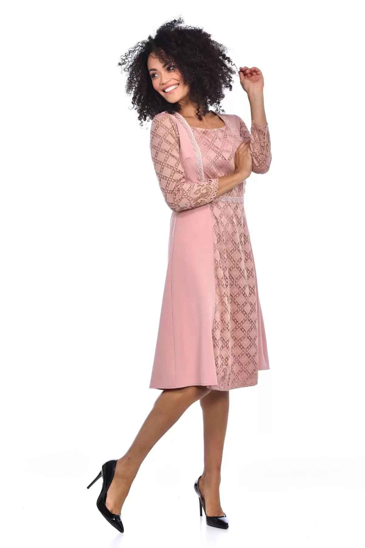 Pencere Yaka Astarlı Uzun Kollu Dantel ve Güpürlü Somon Elbise