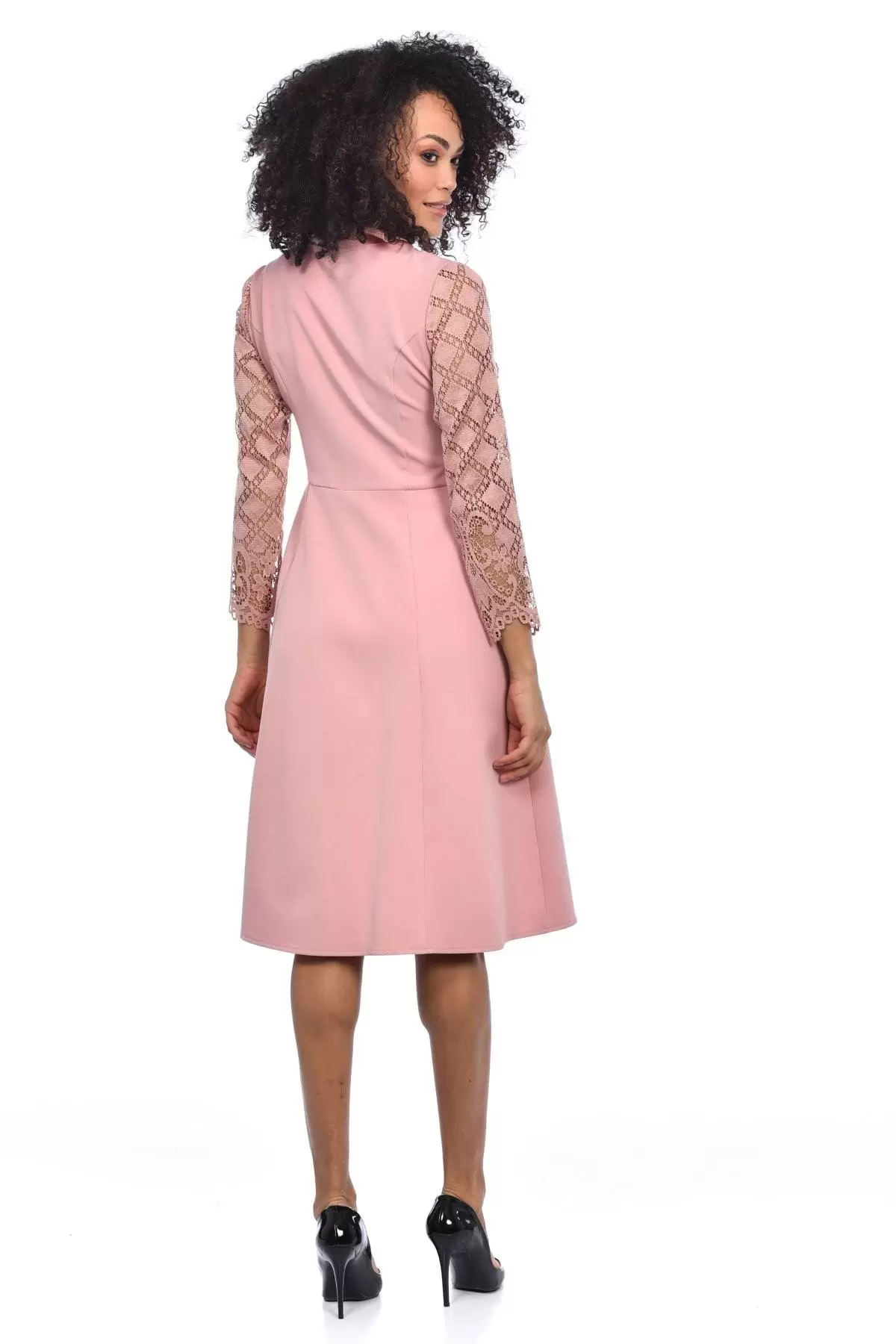 Pencere Yaka Astarlı Uzun Kollu Dantel ve Güpürlü Somon Elbise