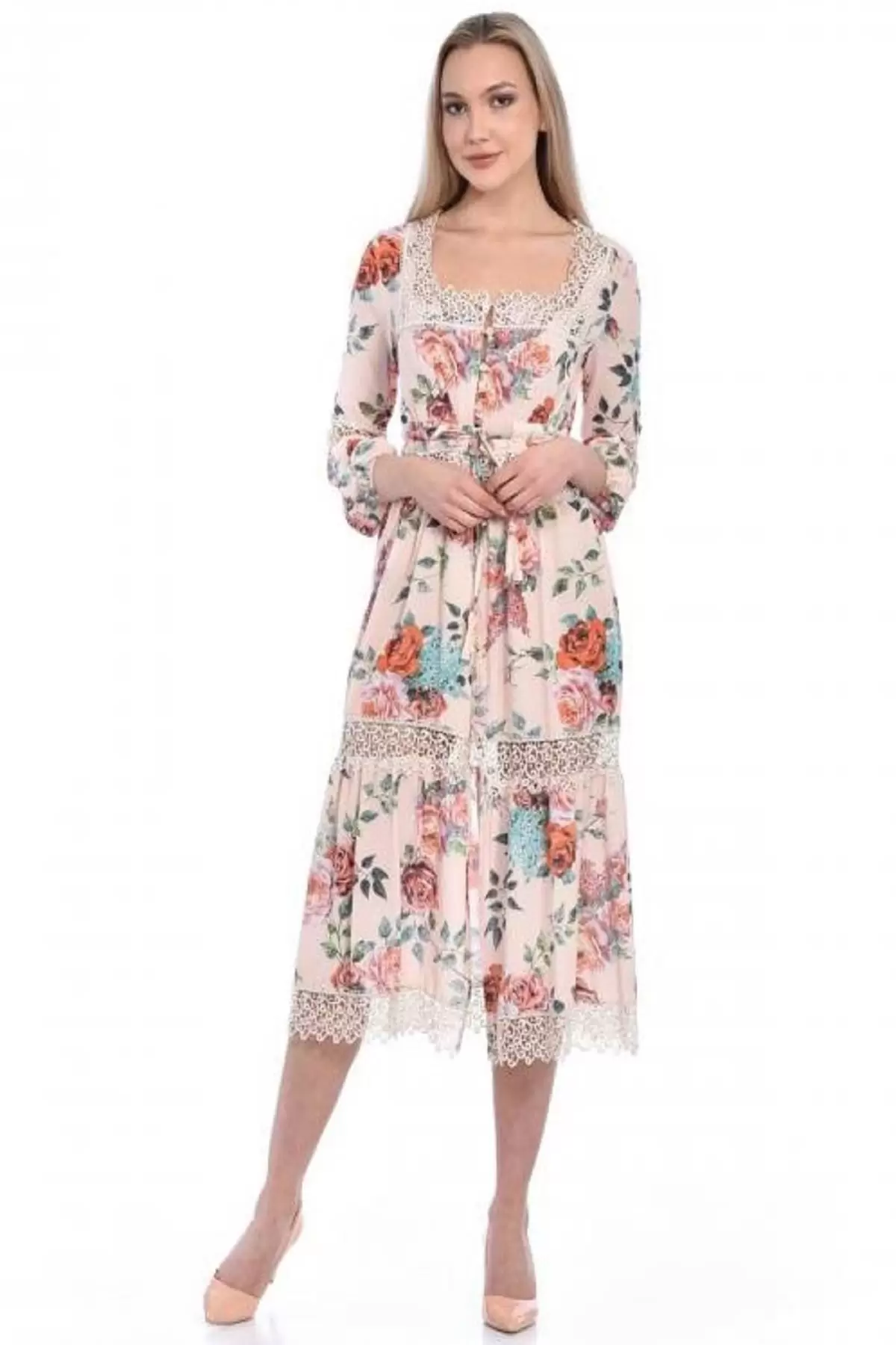 Pencere Yaka Dantel ve Çiçekli Kadın Bej Elbise