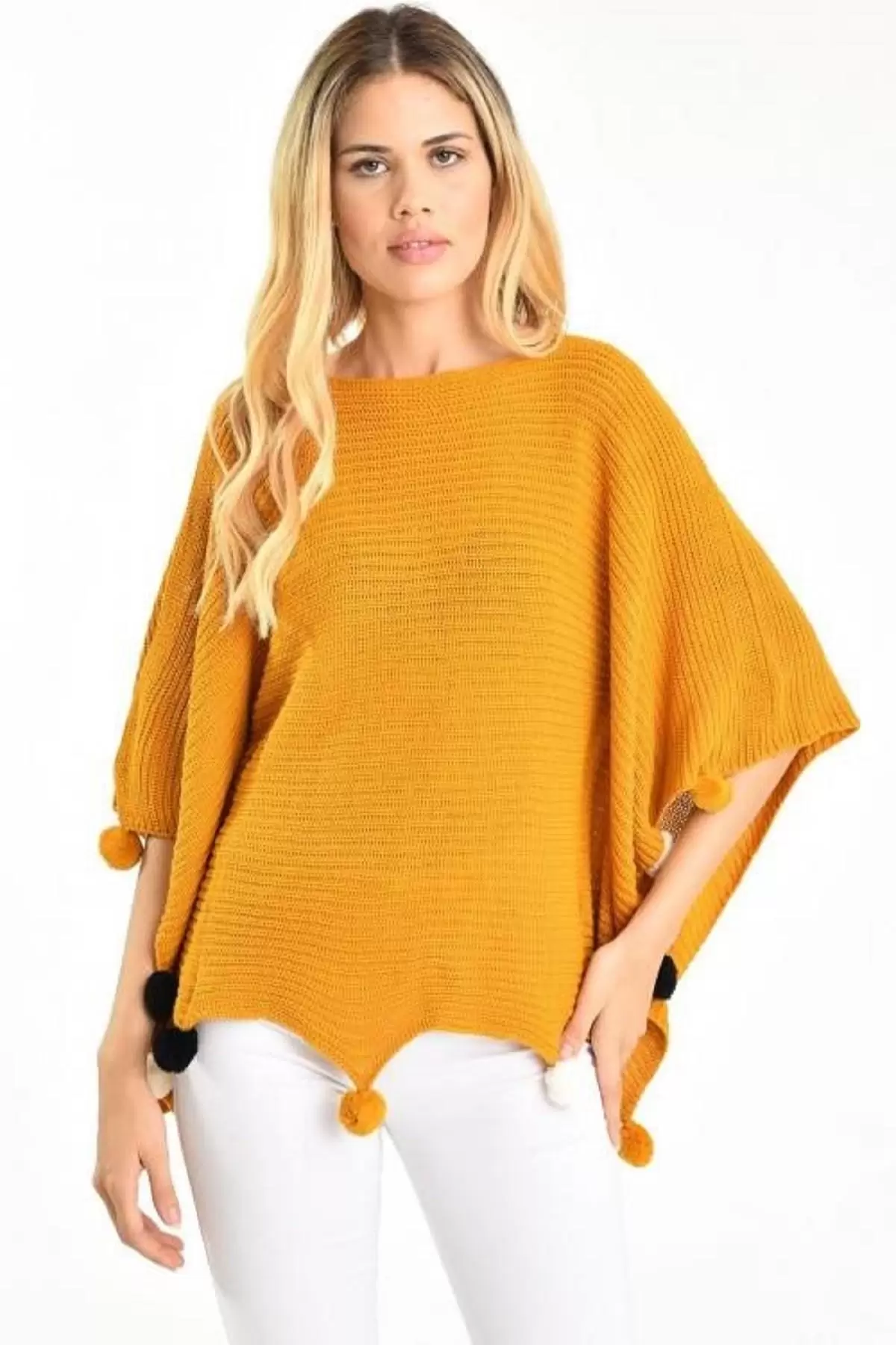 Ponponlu Selanik Örgülü Hardal Triko Kadın Panço