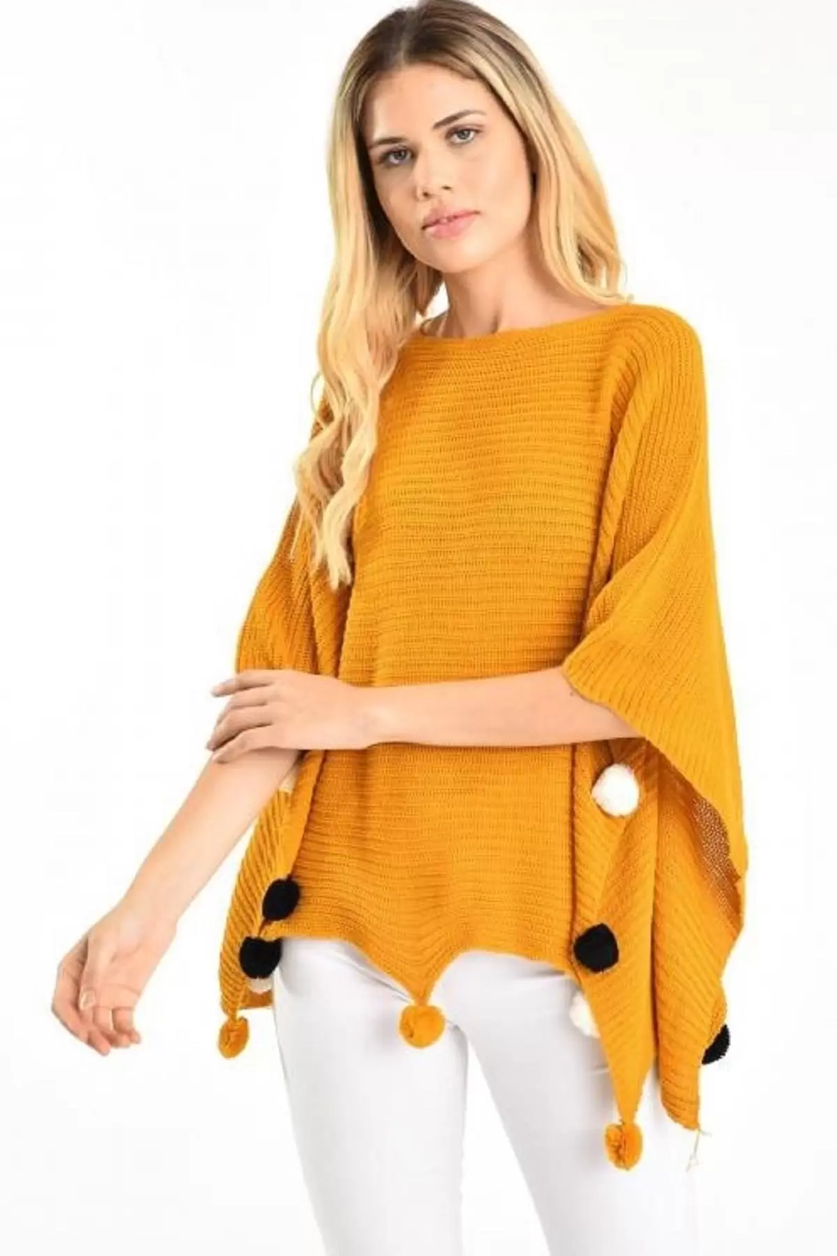 Ponponlu Selanik Örgülü Hardal Triko Kadın Panço