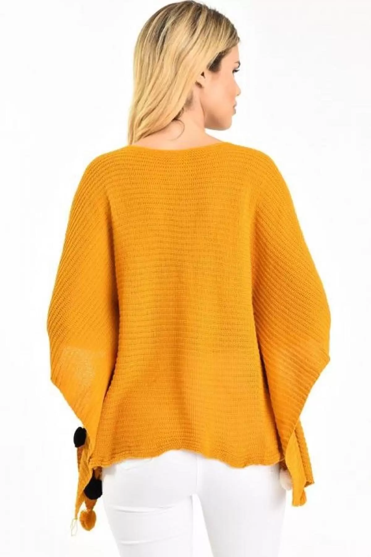 Ponponlu Selanik Örgülü Hardal Triko Kadın Panço