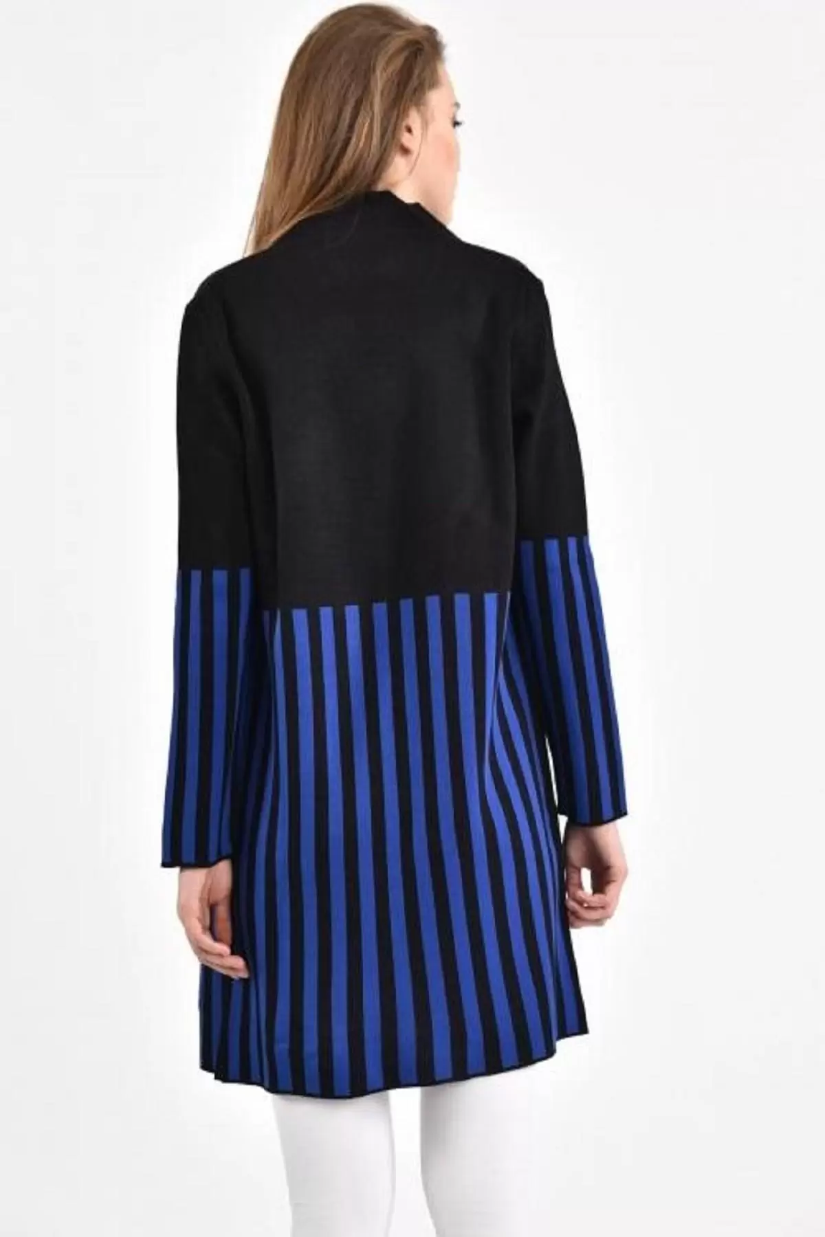 Puantiyeli ve Çizgili Hakim Yaka Lacivert Kadın Hırka
