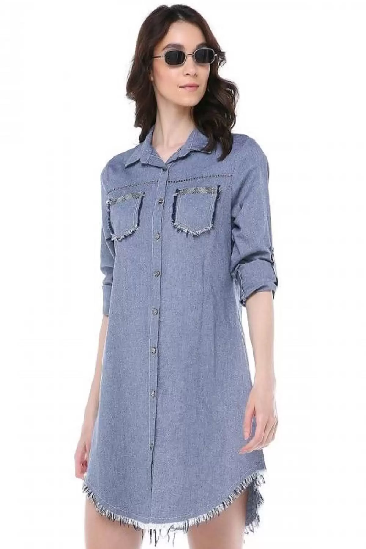 Püsküllü Cepleri Sütun Taşlı Gri Kadın Keten Tunik