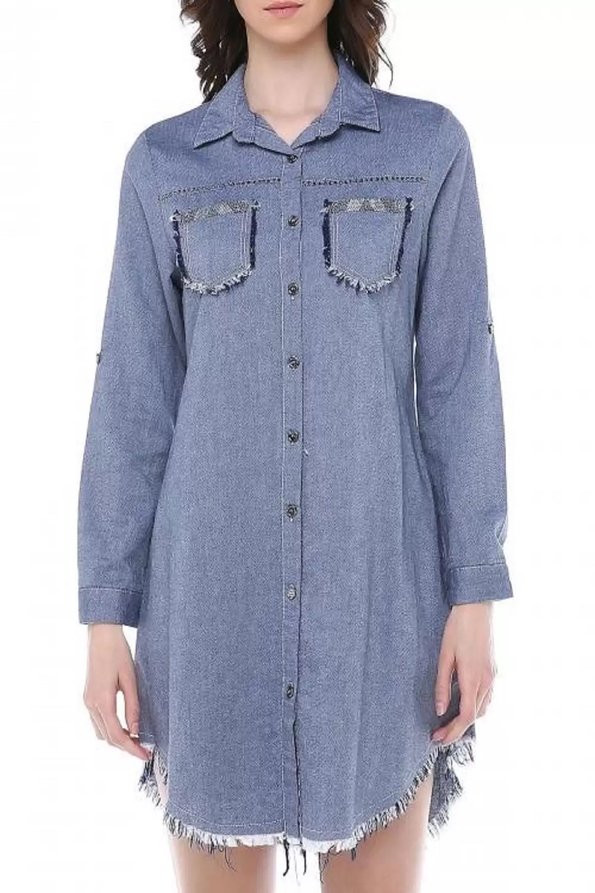 Püsküllü Cepleri Sütun Taşlı Gri Kadın Keten Tunik
