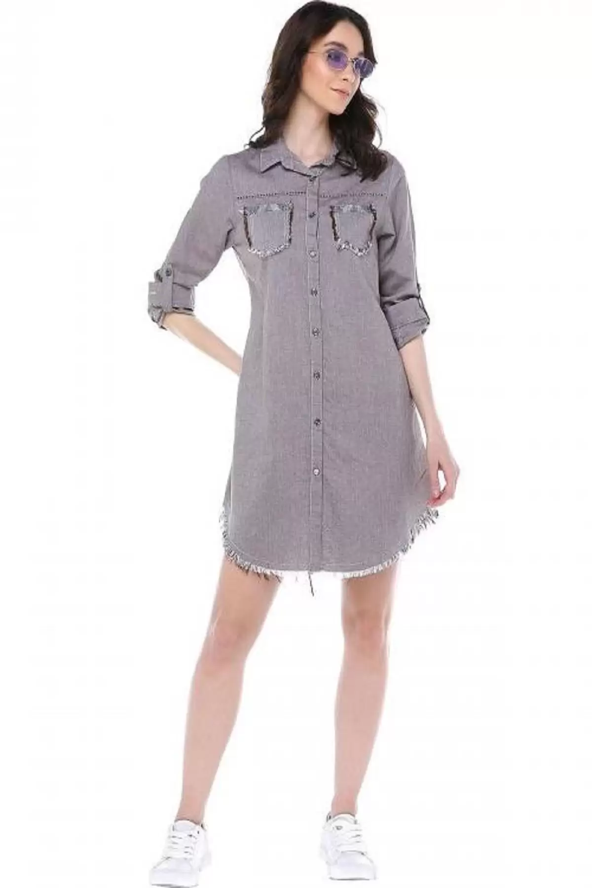 Püsküllü Cepleri Sütun Taşlı Kahve Kadın Keten Tunik