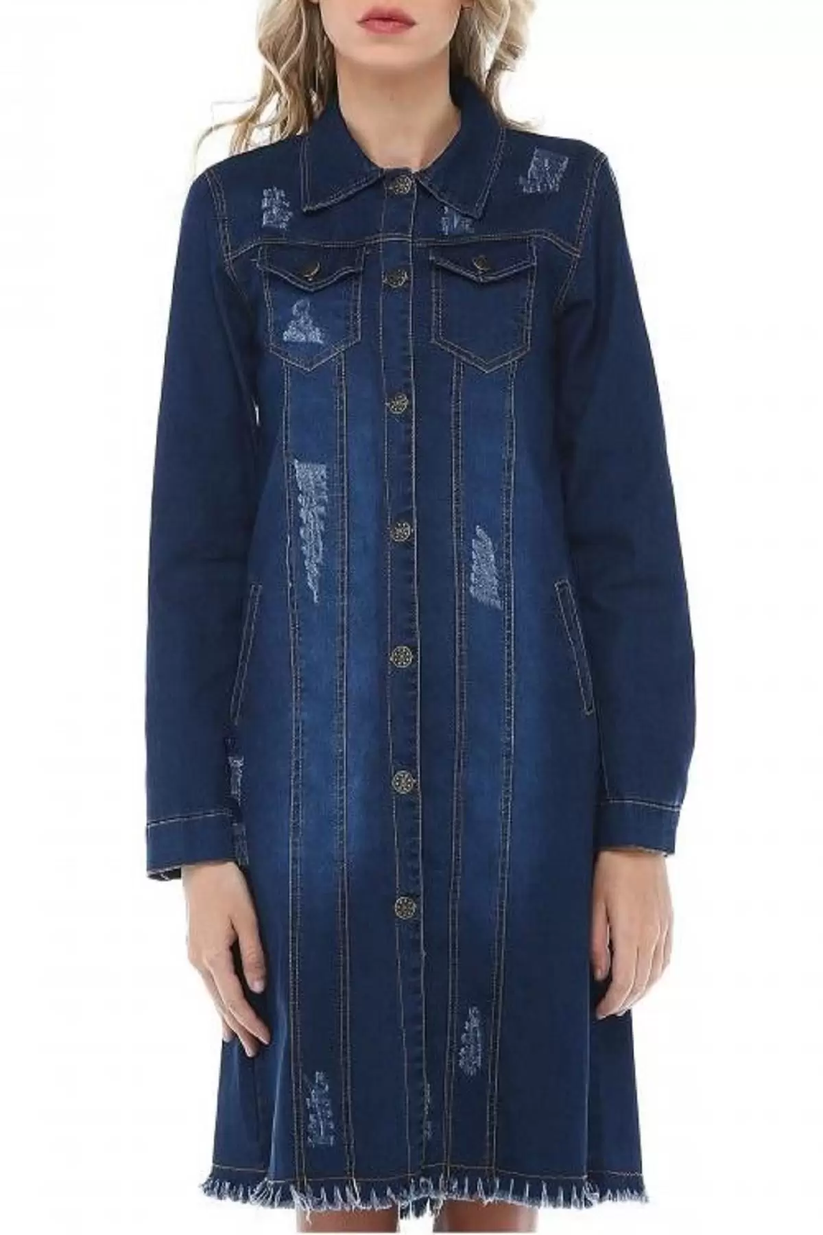 Püsküllü Düğmeli Uzun Koyu Mavi Kadın Kot Elbise