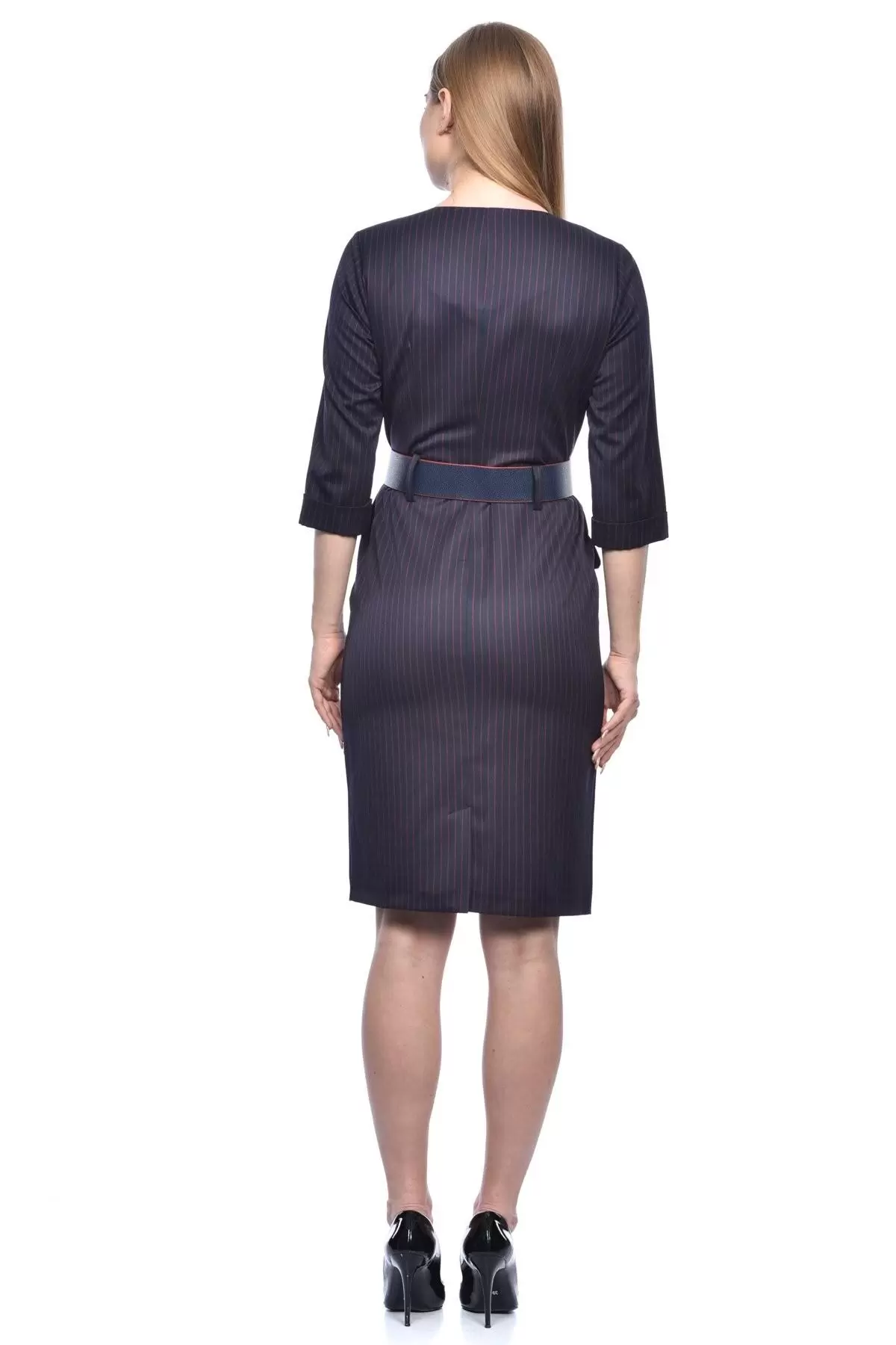 Sıra Düğmeli Kemerli Bordo Çizgili Lacivert Kadın Elbise