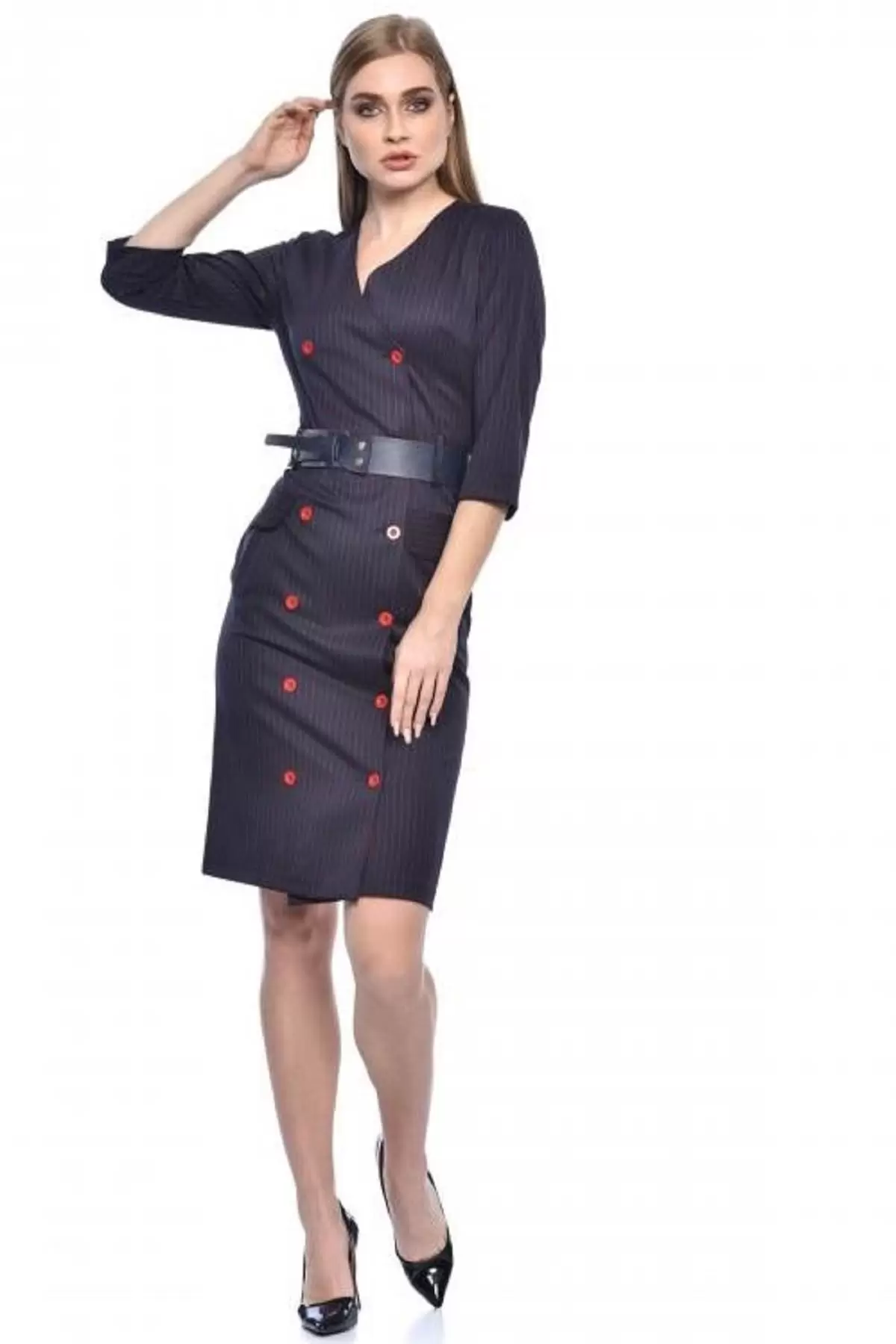 Sıra Düğmeli Kemerli Bordo Çizgili Lacivert Kadın Elbise