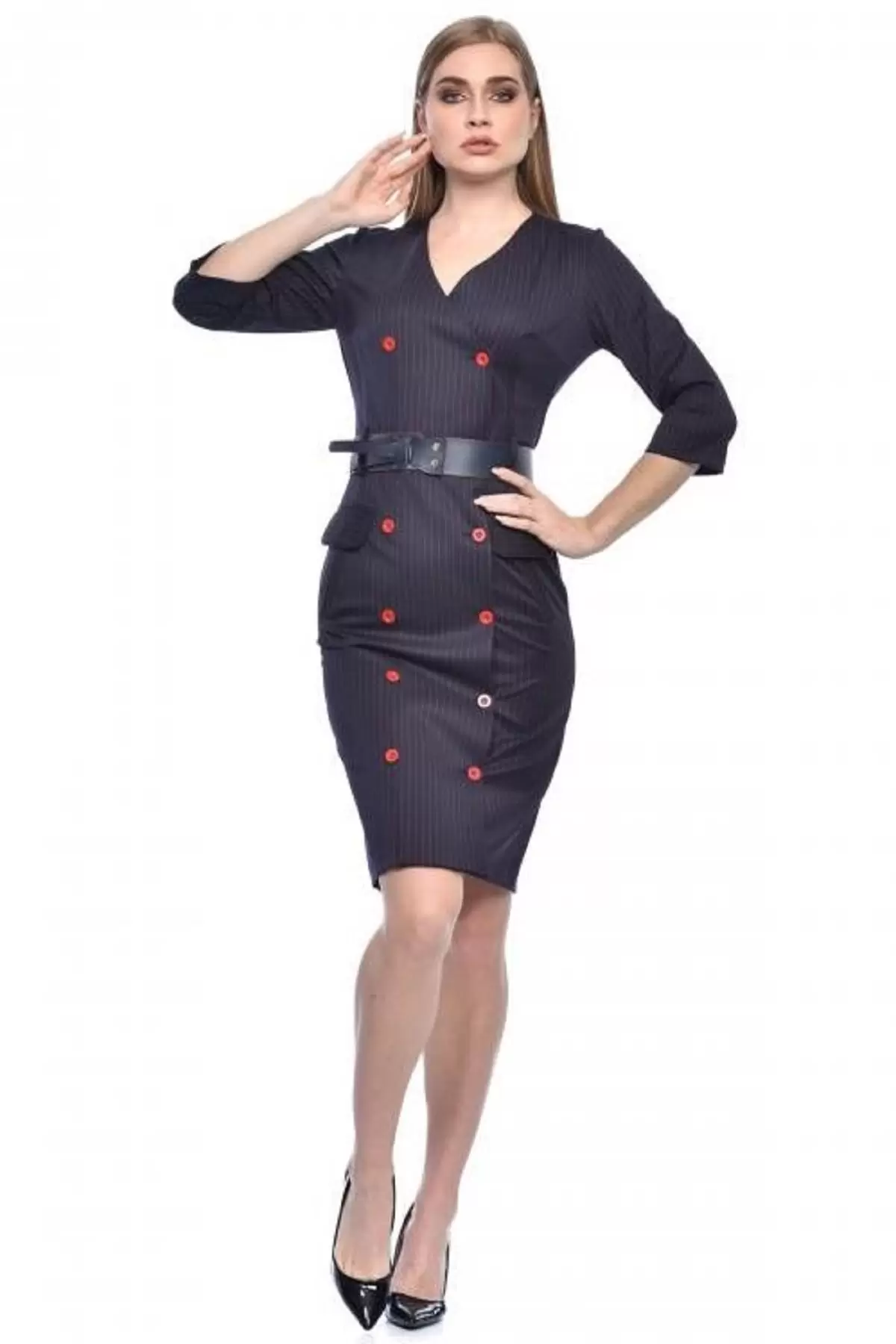Sıra Düğmeli Kemerli Bordo Çizgili Lacivert Kadın Elbise