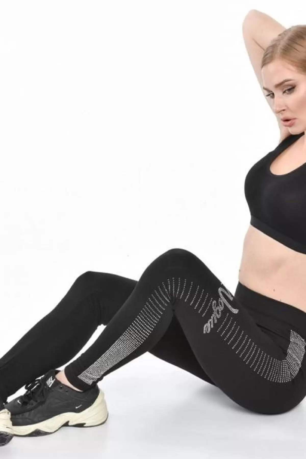 Sıra Şeritli ve Yazılı Taş Dizinli Siyah Kadın Tayt