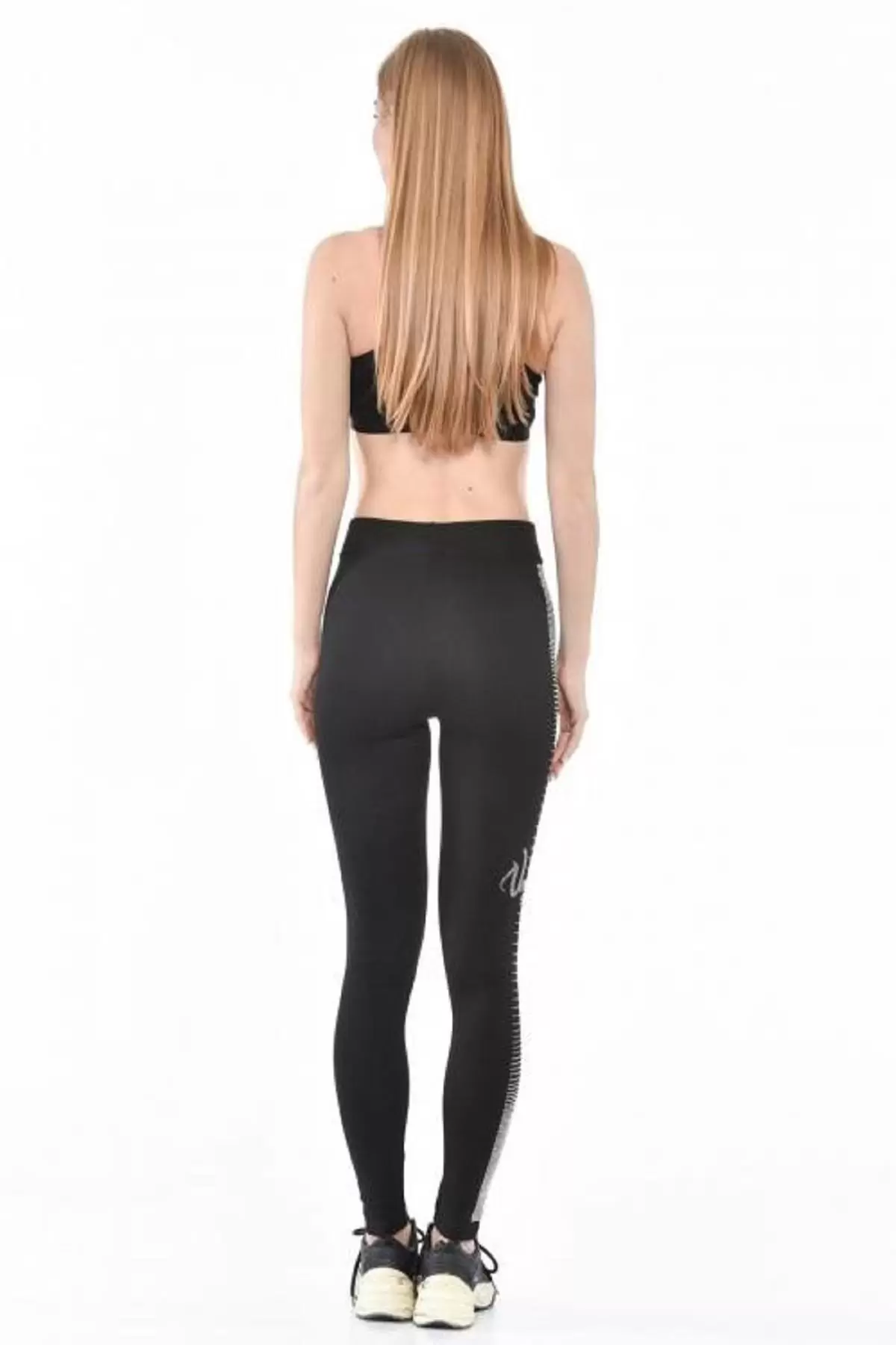 Sıra Şeritli ve Yazılı Taş Dizinli Siyah Kadın Tayt