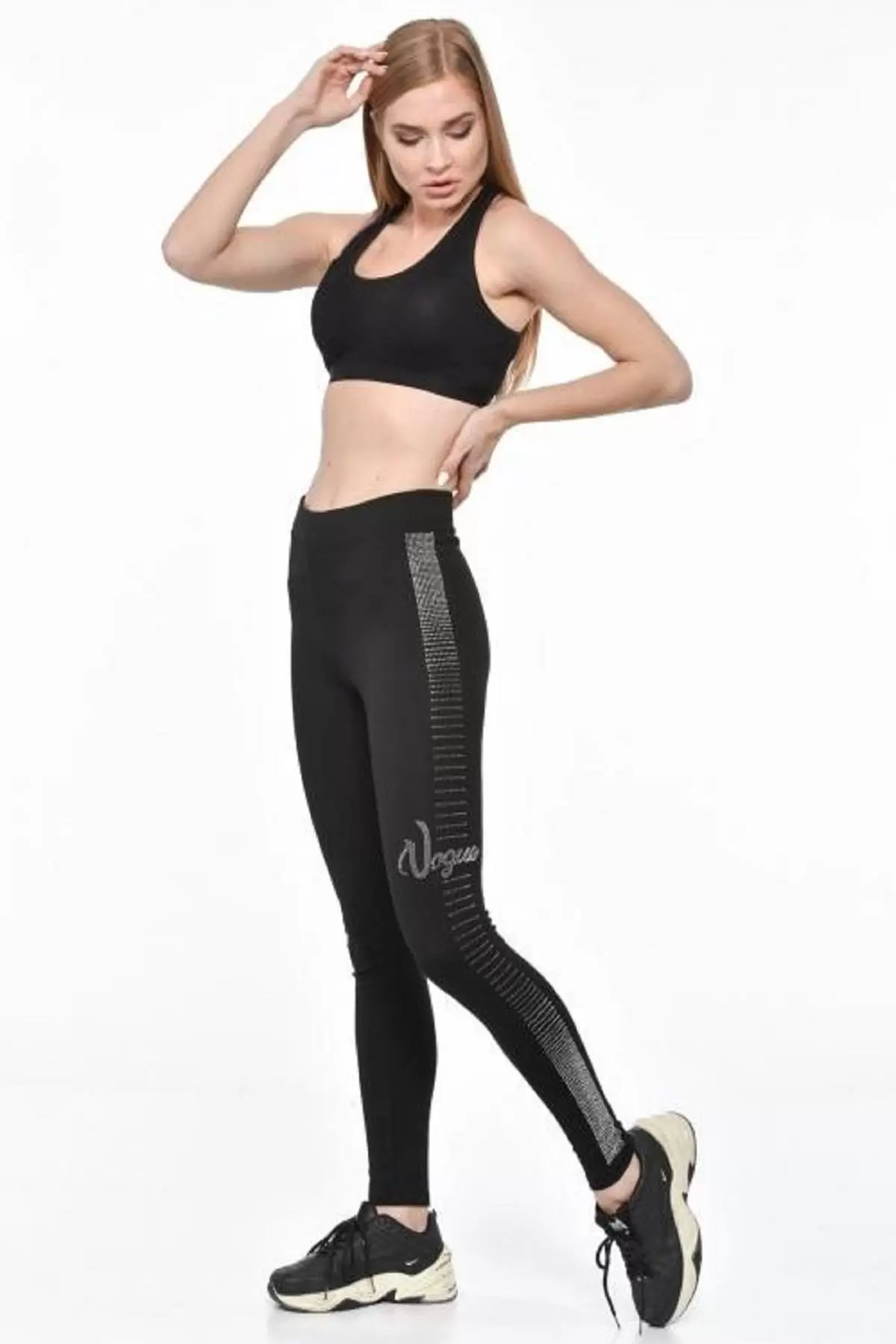 Sıra Şeritli ve Yazılı Taş Dizinli Siyah Kadın Tayt